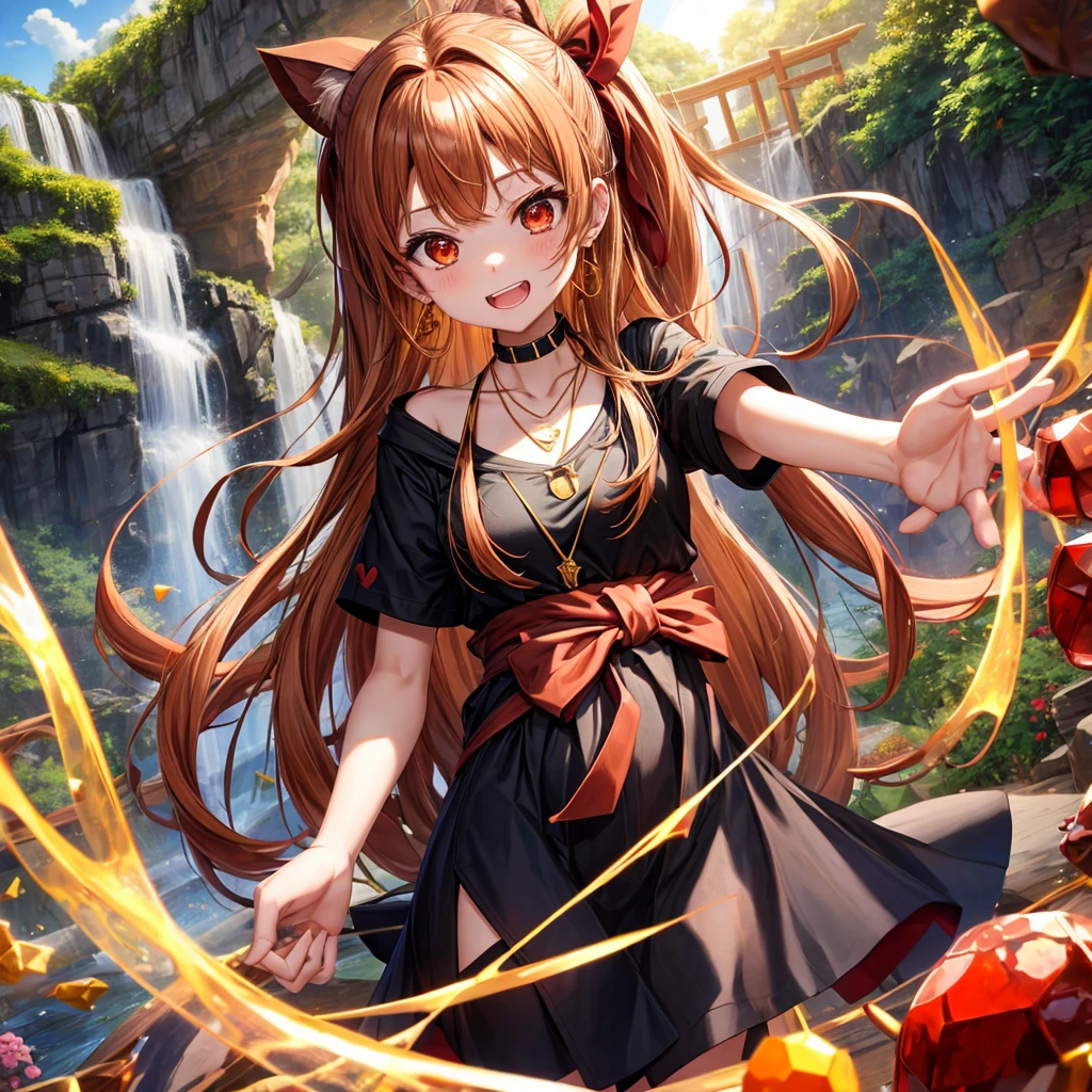 Brown, red, gold, golden hair、Red eyes、One good looking girl、solo、anime、Checkered mini skirt、Black camisole、Black T-shirt、hoodie、Wearing a ribbon、Ribbon on waist、Crystal Earrings、Gemstone Necklace、Light and shadow、Tilting face、Teeth are visible、waterfall、Kuroko、tunnel、pylon、Sunset sky、Towering、frilled lizard、light、flash、Barrel、honeycomb