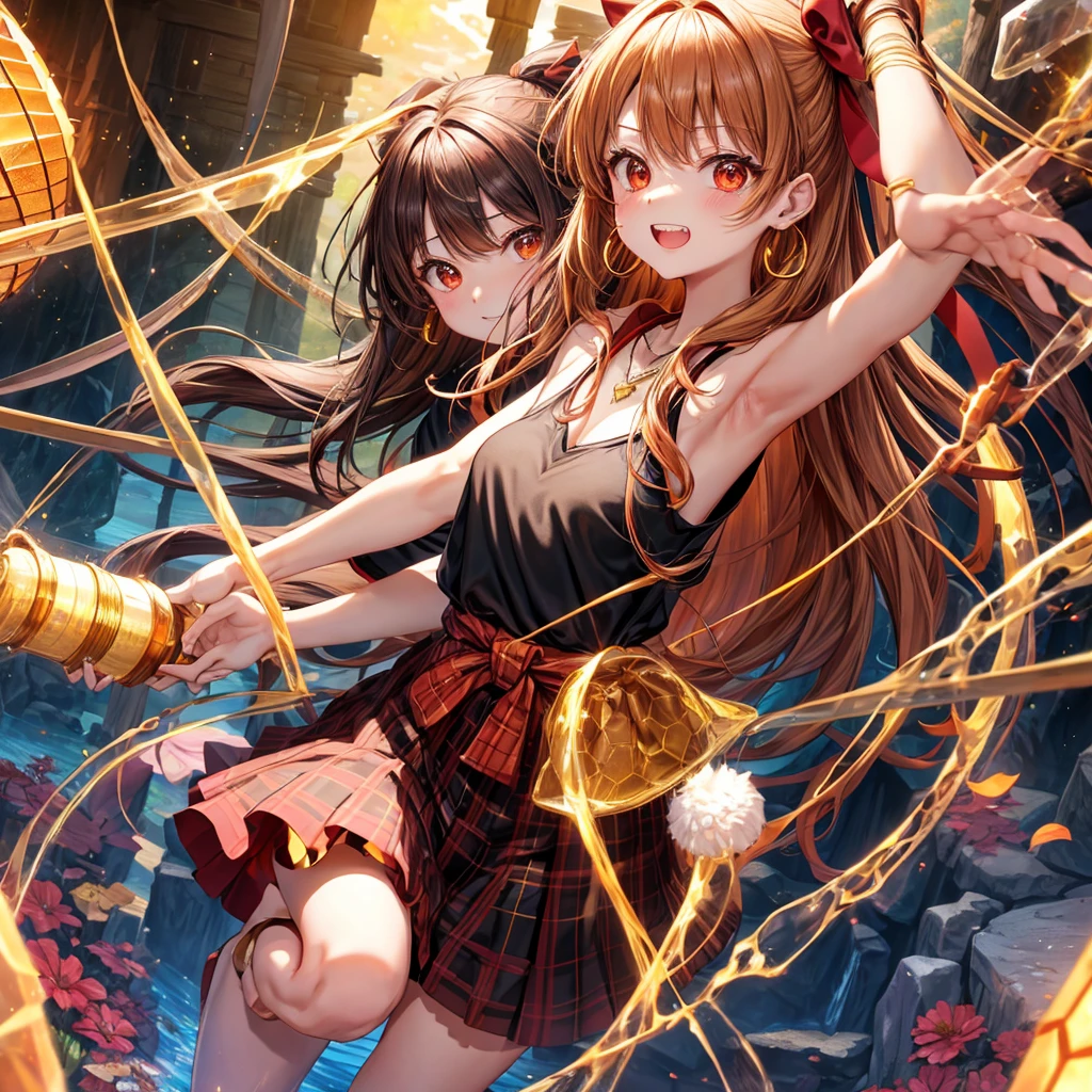 Brown, red, gold, golden hair、Red eyes、One good looking girl、solo、anime、Checkered mini skirt、Black camisole、Black T-shirt、hoodie、Wearing a ribbon、Ribbon on waist、Crystal Earrings、Gemstone Necklace、Light and shadow、Tilting face、Teeth are visible、waterfall、Kuroko、tunnel、pylon、Sunset sky、Towering、frilled lizard、light、flash、Barrel、honeycomb