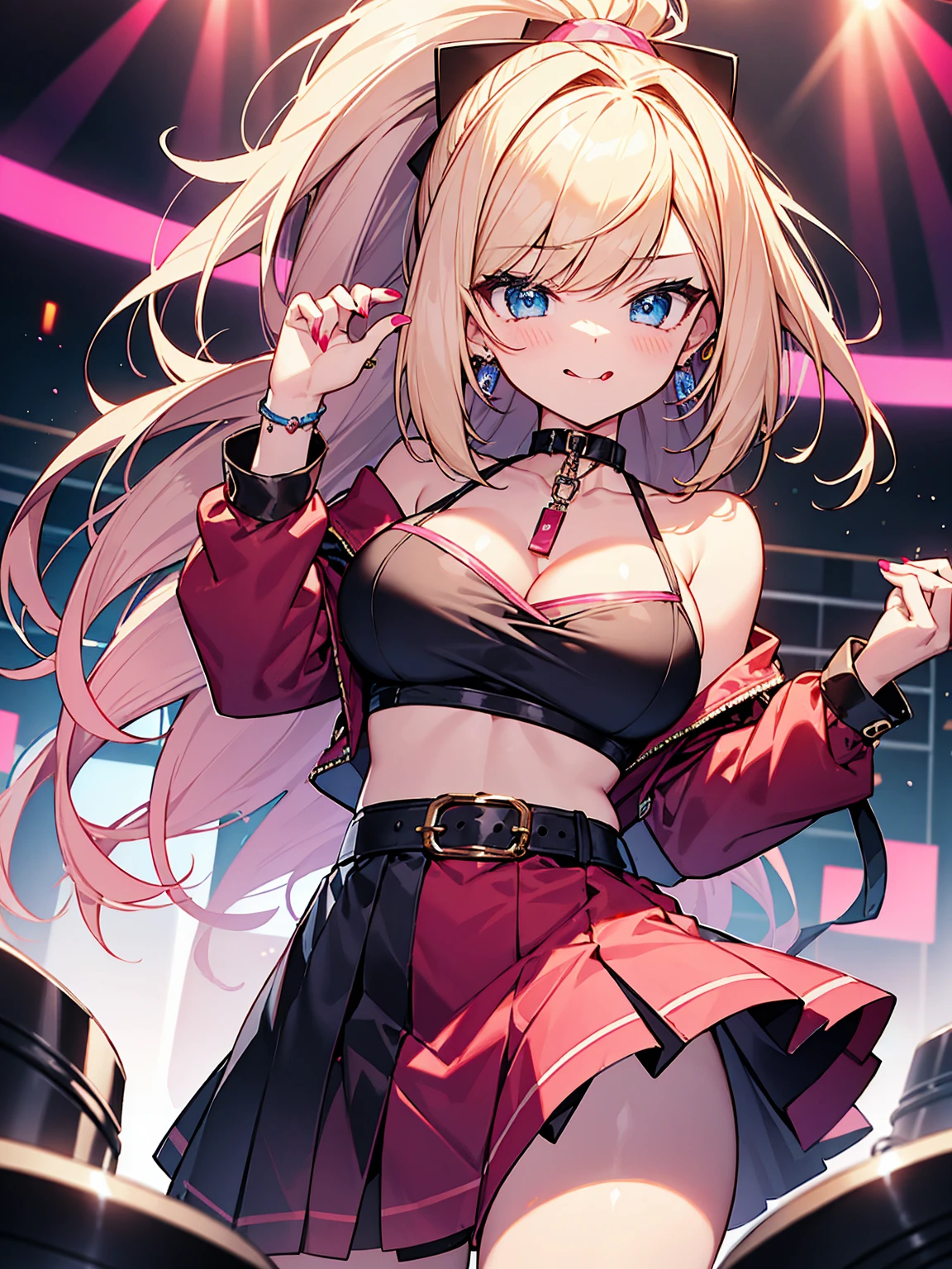 highest quality、masterpiece、4K、Blonde、Long ponytail、Slanted Eyes、blue eyes、DJ gal、pink off shoulder clothes、Cleavage、Have many ear piercings、Belly button piercing、bracelet、Lots of accessories、Headphones are hanging around your neck、Pink Lips、Large Breasts、Short skirt、Knee-high boots、A girl playing DJ、Lots of neon、Mouth open and tongue out、Red nails、Nightclub