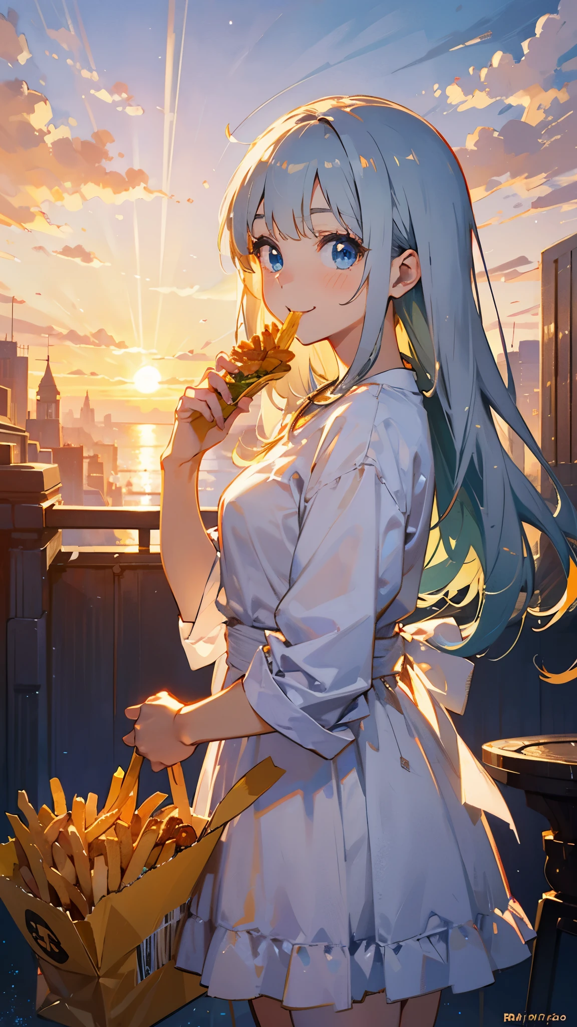 16-year-old girl、solo、Anime style painting、Cowboy Shot、smile、Green and orange tones、Silver Hair, (Sparkling blue eyes)、Eating French Fries、Golden Hour Sky、terrace