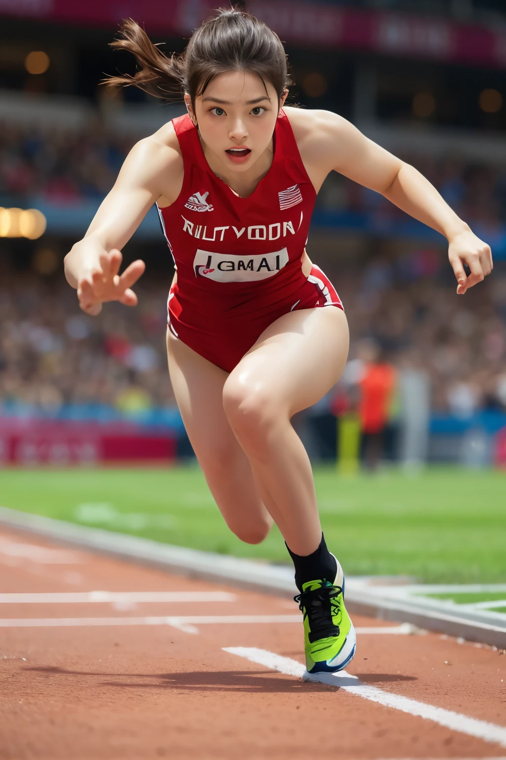 Olympic women's long jump, photographed jumping from the front, face enhancement, serious look, sweat, sense of speed, sense of sprinting, dynamic movement, running, competition, masterpiece