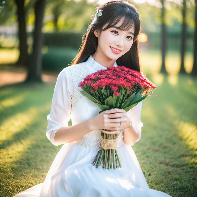 Ao Dai, smile, Shot with a Nikon Z7 II mirrorless camera.,120 mm.F/4 wide-angle shot with the most modern high quality Fuji camera 45,000,000 Chili Cell,) 8k,)
a woman in a pink dress  with flower in it and a (basket of flower), Ding Yunpeng, Fuk Kuan, stock photos, art photography
a woman in a white dress holding a bouquet of flower, Byeon Sang-byeok, beautiful bright red dress.,) My hair is long and shiny., portrait photography, stock photos, 1girl art photography, Ao Dai, Photo Art, (flower:1.2),  flowerสีแดงอยู่รอบๆท่ามกลางธรรมชาติ ,)  Outdoors, evening sun, two glittering trees, Stunning photos with beautiful color saturation., Ultra high resolution,(realistic:1.4)),deep shadow,(best quality, Masterpiece), skin color, Blush, Highly detailed, destroy depth of field, Film texture, looking at the audience, knee, warm smile, 