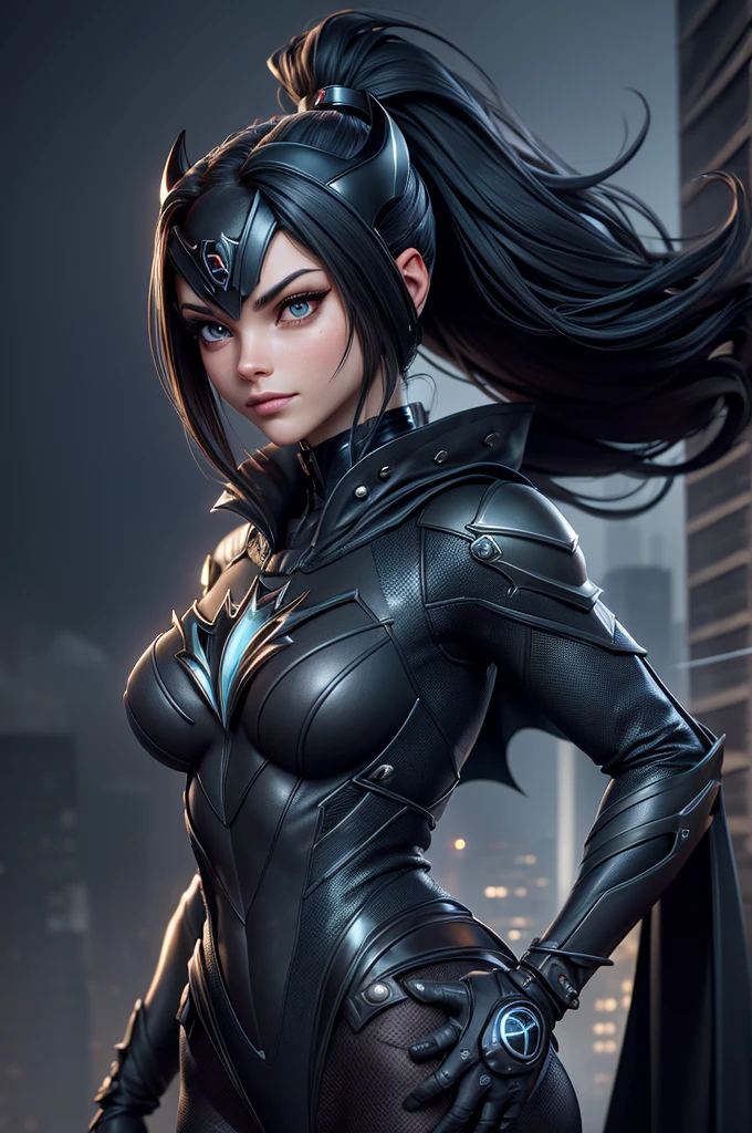 better quality,4K,8k,High resolution, masterpiece:1.2, ultra-detailed, Realistic:1.37, illustration, futuriste, haute technologie, metallic, high detailed suit, Advanced Cybernetic Combination, Kristin Kreuk avec ponytail et des yeux verts, déguisée en Batwoman de DC Comics, atmosphère sombre, intense lighting, Insigne de chauve-souris sur la poitrine, ceinture utilitaire avec gadgets, Masque aux yeux brillants, Detailed Muscle Definition, Finition brillante, sharp edges, Sleek design, Mysterious setting, Rain pouring in the background, Flou de mouvement, Tons de couleurs sombres, ombres intenses, Skyline de la ville de Gotham au loin, Building rooftops, Simulated Raindrops, Reflection on the costume, Rivets et coutures, une forme physique extraordinaire, Position puissante, action pose, Physique impressionnant, Iconic cape that flows dramatically, Heroic Vibes, Imposing presence