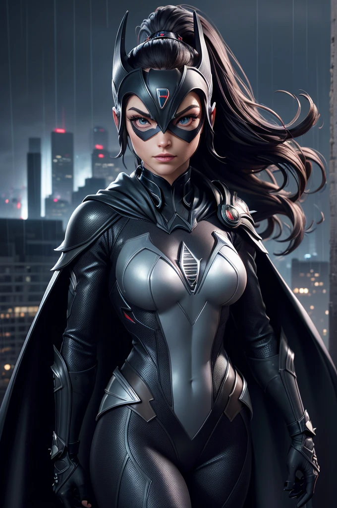 better quality,4K,8k,High resolution, masterpiece:1.2, ultra-detailed, Realistic:1.37, illustration, futuriste, haute technologie, metallic, high detailed suit, Advanced Cybernetic Combination, Kristin Kreuk avec ponytail et des yeux verts, déguisée en Batwoman de DC Comics, atmosphère sombre, intense lighting, Insigne de chauve-souris sur la poitrine, ceinture utilitaire avec gadgets, Masque aux yeux brillants, Detailed Muscle Definition, Finition brillante, sharp edges, Sleek design, Mysterious setting, Rain pouring in the background, Flou de mouvement, Tons de couleurs sombres, ombres intenses, Skyline de la ville de Gotham au loin, Building rooftops, Simulated Raindrops, Reflection on the costume, Rivets et coutures, une forme physique extraordinaire, Position puissante, action pose, Physique impressionnant, Iconic cape that flows dramatically, Heroic Vibes, Imposing presence