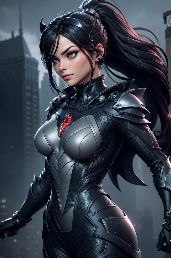 better quality,4K,8k,High resolution, masterpiece:1.2, ultra-detailed, Realistic:1.37, illustration, futuriste, haute technologie, metallic, high detailed suit, Advanced Cybernetic Combination, Kristin Kreuk avec ponytail et des yeux verts, déguisée en Batwoman de DC Comics, atmosphère sombre, intense lighting, Insigne de chauve-souris sur la poitrine, ceinture utilitaire avec gadgets, Masque aux yeux brillants, Detailed Muscle Definition, Finition brillante, sharp edges, Sleek design, Mysterious setting, Rain pouring in the background, Flou de mouvement, Tons de couleurs sombres, ombres intenses, Skyline de la ville de Gotham au loin, Building rooftops, Simulated Raindrops, Reflection on the costume, Rivets et coutures, une forme physique extraordinaire, Position puissante, action pose, Physique impressionnant, Iconic cape that flows dramatically, Heroic Vibes, Imposing presence