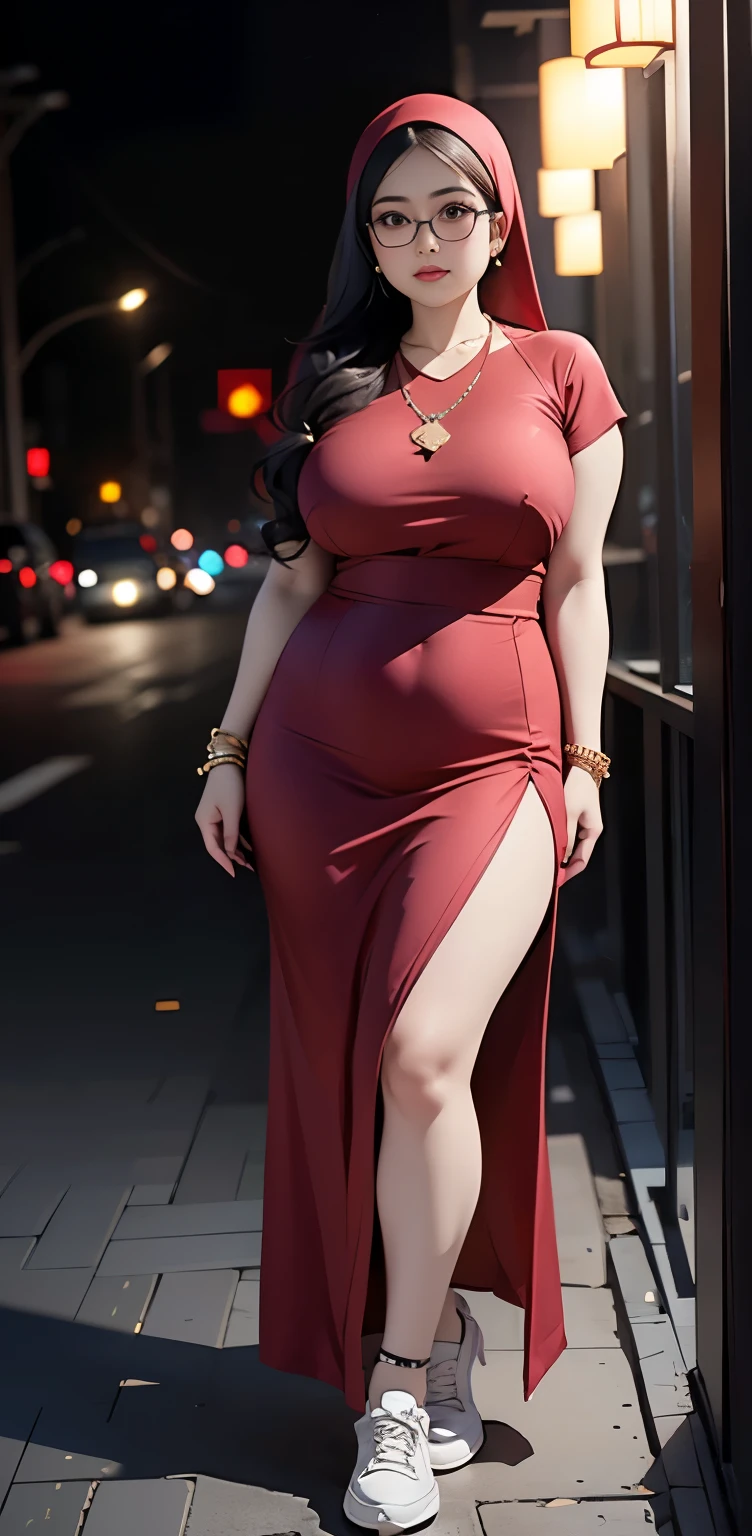 1 malay girl, modern plain hijab, shy, medium portrait, watery eyes, wearing dark red kebaya, ((big breasts)), black bokeh background, well-proportioned body,, chubby massive thighs, full body pose, wearing a necklace , wearing 10 bracelet , wearing a sneaker , glasses