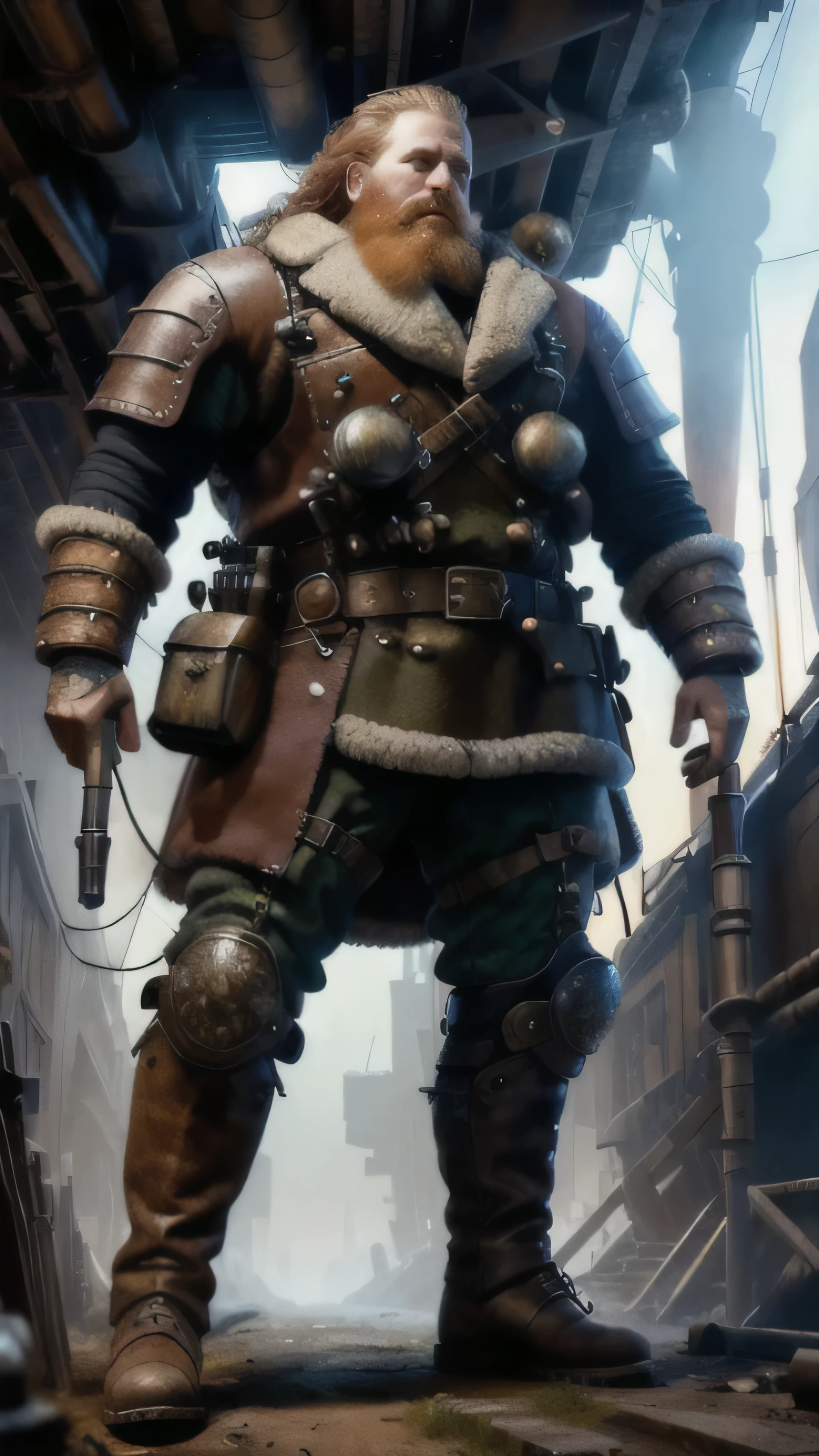 dieselpunkai, Kristofer Hivju as Tormund Giantsbane, fur dieselpunk suit, big dieselpunk ax, leather dieselpunk boots, standing, near the dieselpunk forest, (1man), (solo), (full body view), beautiful detailed glow, detailed, cinematic light, intricate detail, realistic, highres, detailed facial features, high detail, sharp focus, smooth, aesthetic, extremely detailed, stamp, octane render