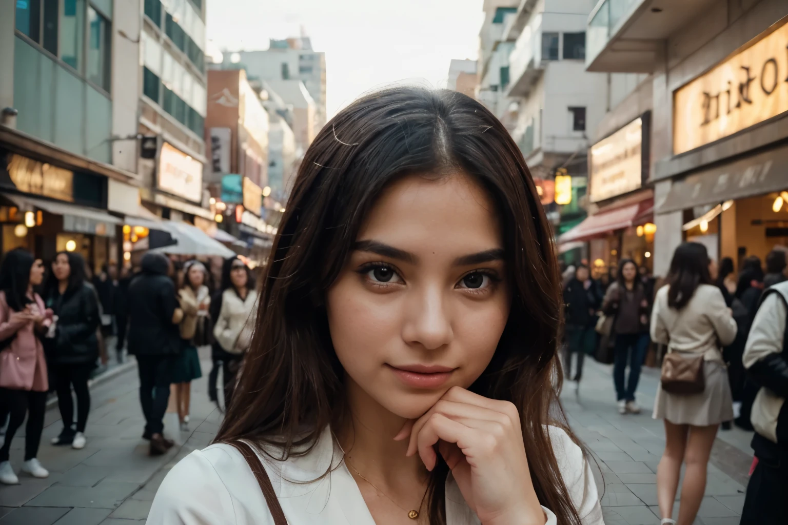 "Captured flawlessly in breathtaking quality, this scene unveils the captivating essence of a 20-year-old Argentine influencer, a vision of enchantment and allure. Her cascading golden locks frame her face like a halo, harmonizing exquisitely with the intense dark green glimmer in her eyes, effortlessly ensnaring the hearts of all who behold her. Draped in a chic yet effortless ensemble, she effortlessly blends sophistication with ease, donning sleek black dress pants paired with a resplendent pink Inter Miami jersey, an emblem of her ardent passion for the beautiful game.

Seated amidst the vibrant pulse of a bustling shopping plaza in Mexico, she radiates an aura of serene excitement. Amidst the swirl of activity and chatter, she commands attention effortlessly, her magnetic presence drawing gazes like moths to a flame. With a playful yet profoundly romantic gesture, she leans forward, her lips forming a perfect pout of affection as she sends a tender kiss to the camera, a silent declaration of her captivating charm.

The Canon EOS R6 Mark II camera captures every delicate nuance of her expression with unparalleled precision, from the subtle curvature of her lips to the mischievous twinkle in her eyes. Bathed in the warm embrace of sunlight, she becomes a radiant beacon amidst the urban panorama, a vision of ethereal beauty amidst the hustle and bustle of city life. The plaza pulses with vitality, a symphony of laughter, chatter, and music providing the backdrop for this enchanting moment.

With each click of the shutter, the camera immortalizes the ephemeral magic of this spontaneous display of affection, preserving the essence of love and romance in its purest form. This transcends mere photography; it is a testament to the enduring power of human connection, a reminder of the boundless capacity of the heart to bridge the divides that separate us."