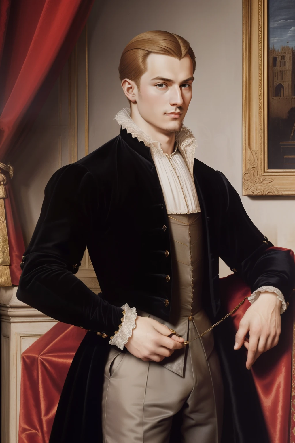 Paris, 1558. A young ((((20-year-old)) Pierre Aumande)), handsome, ambitious, evil, cruel, distinguished appearance, strong pressence, in a luxurious palace room, ((smug expression)), ((((clothings from the 1550s)))), ((blonde hairstyle of the 1550s)), colorful