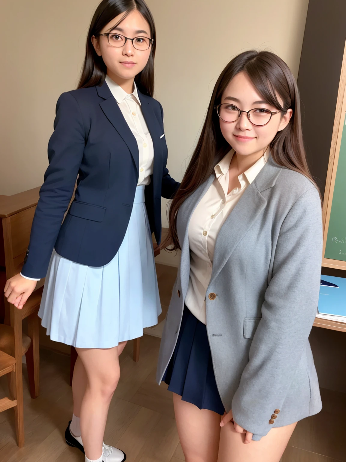 masterpiece, High resolution, Portraiture, highest quality, High resolution,
Realistic, (With 3 people), school blazer uniform, School classroom during the day,Smiling and showing beautiful teeth,(Braid),No exposure、((Very large breasts))、((Very young face))、((Small woman))、((A blazer uniform that reveals the shape of the breasts))、Beautiful legs、(whole body)、(Color)、((Very short pleated skirt))、Glasses、(Skirts short enough to reveal pants)