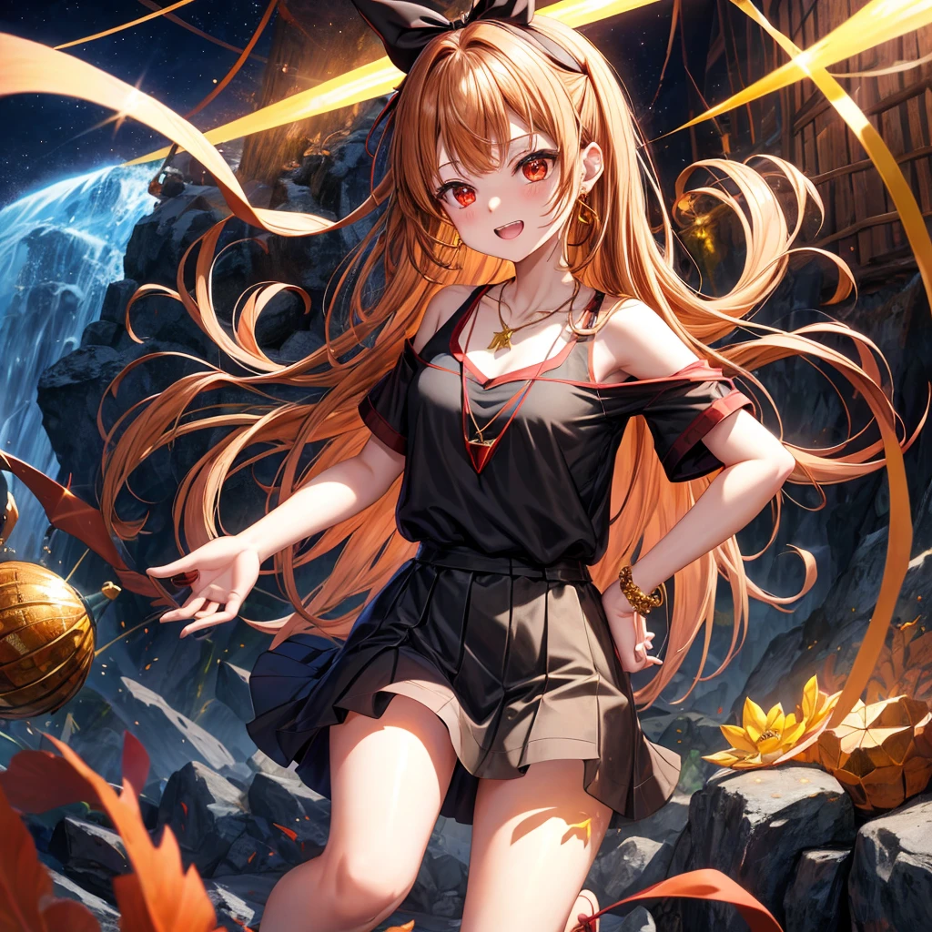 Brown, red, gold, golden hair、Red eyes、One good looking girl、solo、anime、Checkered mini skirt、Black camisole、Black T-shirt、hoodie、Wearing a ribbon、Ribbon on waist、Crystal Earrings、Gemstone Necklace、Light and shadow、Tilting face、Teeth are visible、waterfall、Kuroko、tunnel、pylon、Sunset sky、Towering、frilled lizard、light、flash、Barrel、honeycomb
