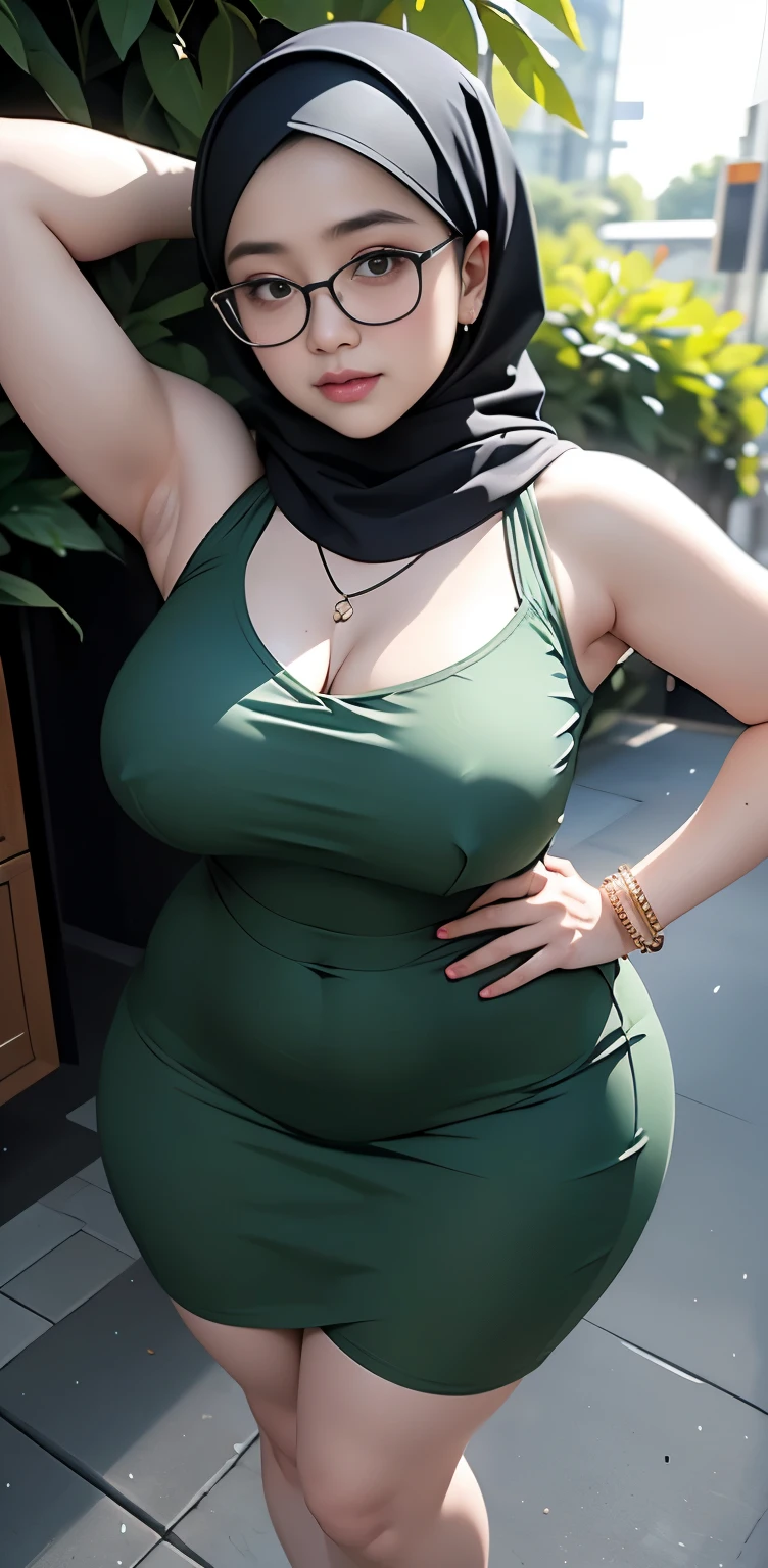 1 malay girl, modern plain hijab, shy, medium portrait, watery eyes, wearing dark green kebaya, ((big breasts)), black bokeh background, well-proportioned body,, chubby massive thighs, full body pose, wearing a necklace , wearing 10 bracelet , wearing a sneaker , glasses  , wet armpits , show her armpits ,wet armpits , show her armpits , hairy armpits , wets armpits , sweaty armpit , fat armpits 