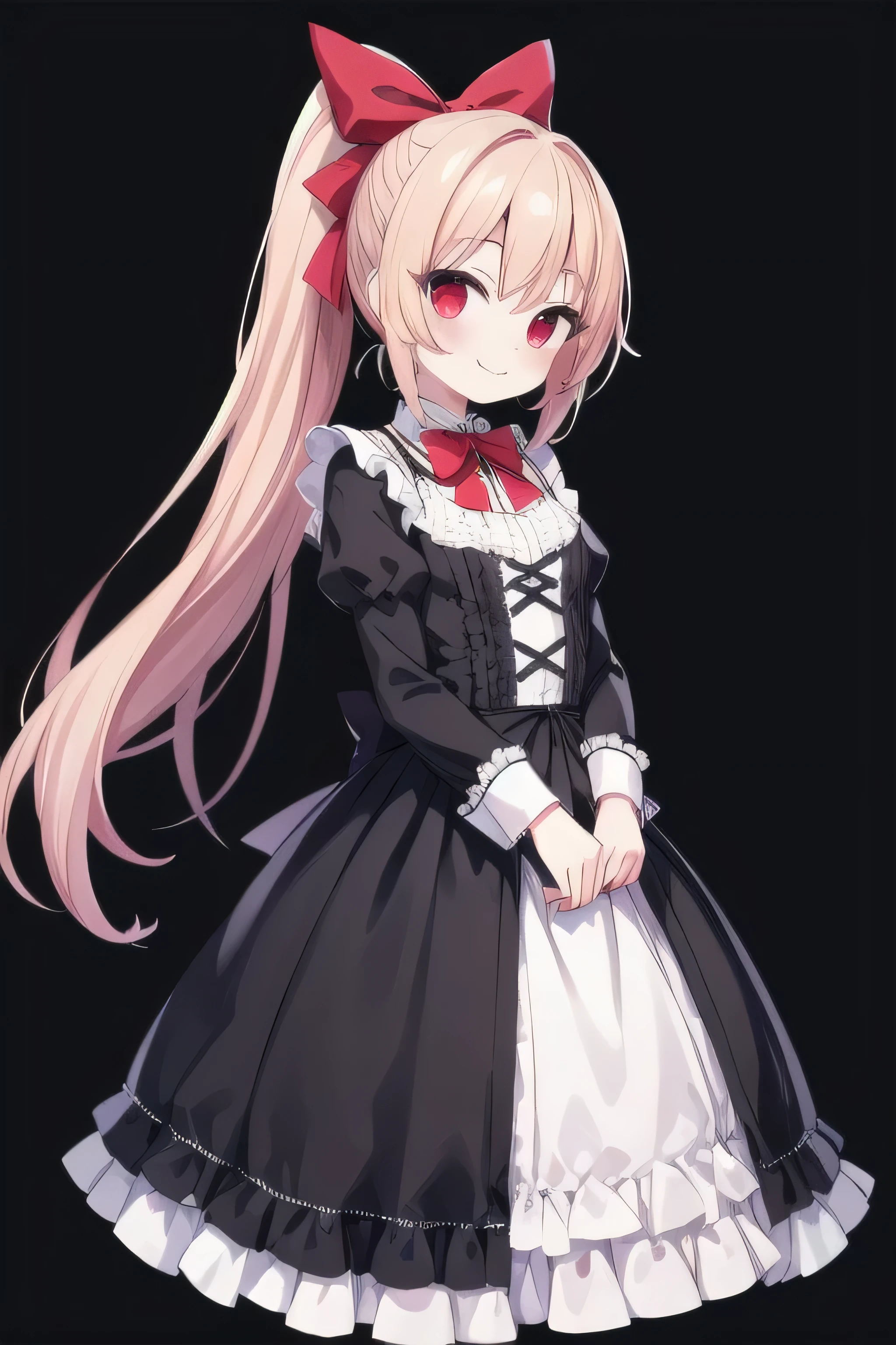 1girl, solo, long hair, looking at viewer, smile, simple background, red eyes, dress, bow, ribbon, full body, ponytail, hair bow, frills, striped, frilled dress, black background, lolita fashion, striped bow, long dress, gothic lolita, vampire, masterpiece, top quality, super detailed, CG illustration, high resolution, better lighting, best shadows, very delicate and beautiful, proper shading, hd, 8k