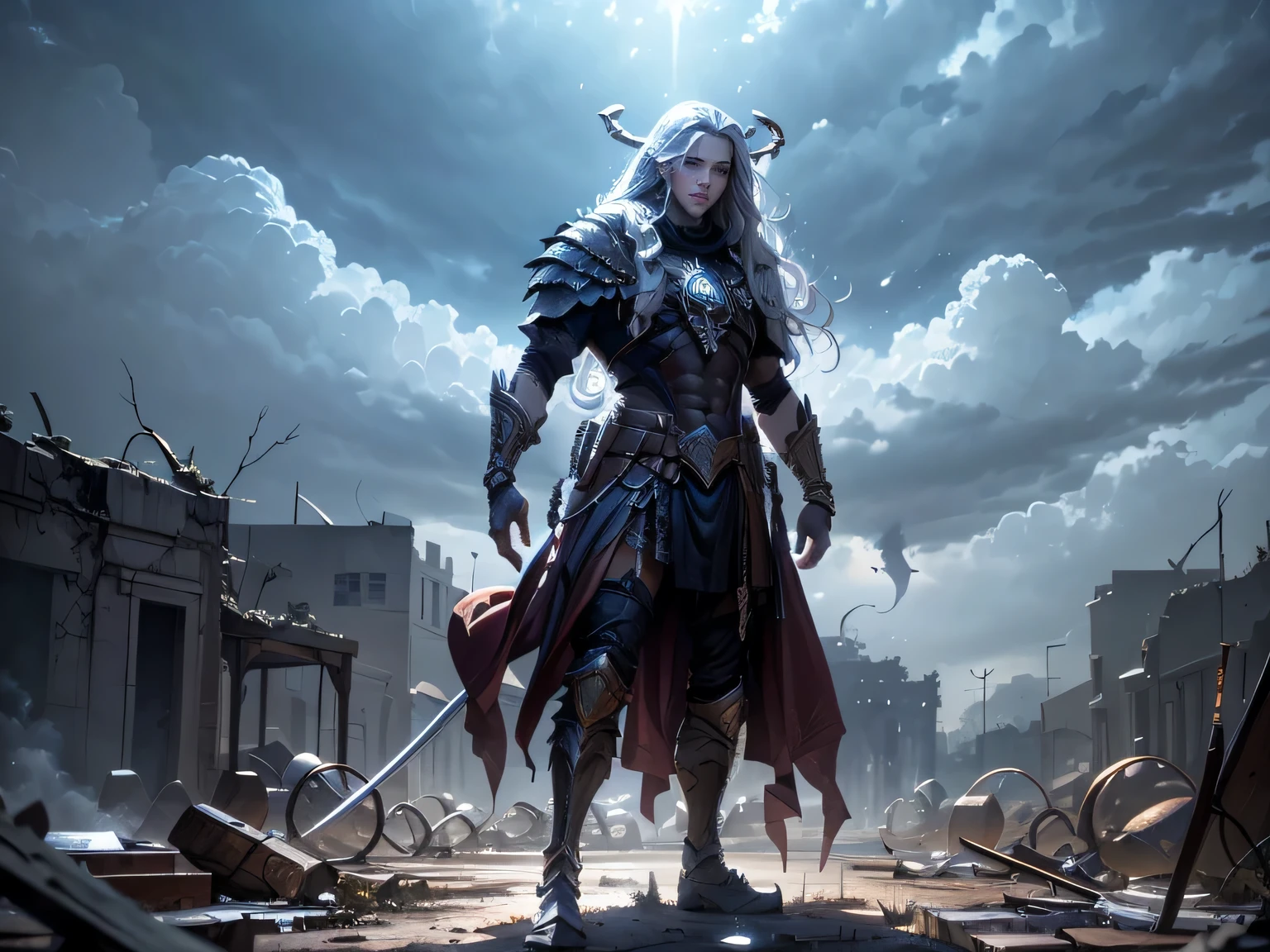 battlefield,A young male，Silver long hair，wearing ornate armor,Look to the sky，majesty，fighting，Human Strong,There are demons everywhere in the distance,Dilapidated walls，Smile，Alien，Kill the strong human