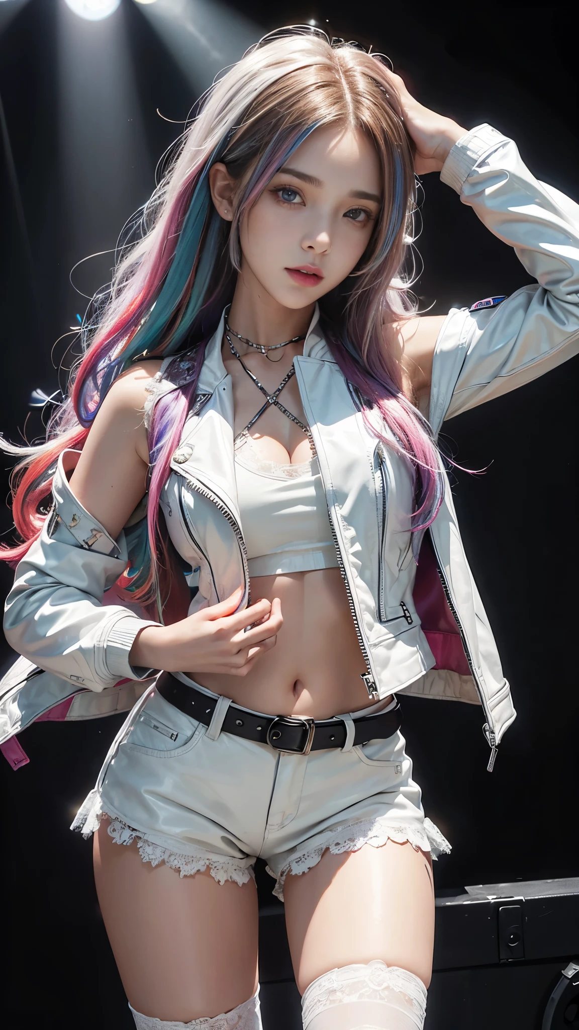 one-girl, long eyelasher, ssmile, rainbow hair ,Cinematic texture, Wear sexy and fashionable, 8K, Best quality, Ultra-realistic skin texture, long, floated hair,long slim figure,delicated face,fully body photo,in background bokeh,luring,Void ,