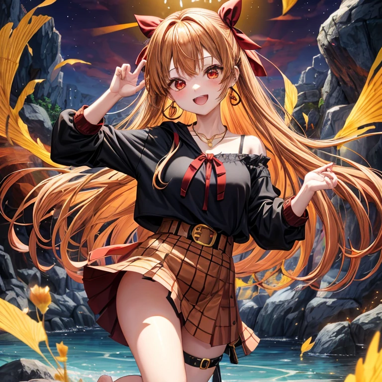 Brown, red, gold, golden hair、Red eyes、One good looking girl、solo、anime、Checkered mini skirt、Black camisole、Black T-shirt、hoodie、Wearing a ribbon、Ribbon on waist、Crystal Earrings、Gemstone Necklace、Light and shadow、Tilting face、Teeth are visible、waterfall、Kuroko、tunnel、pylon、Sunset sky、Towering、frilled lizard、light、flash、Barrel、honeycomb