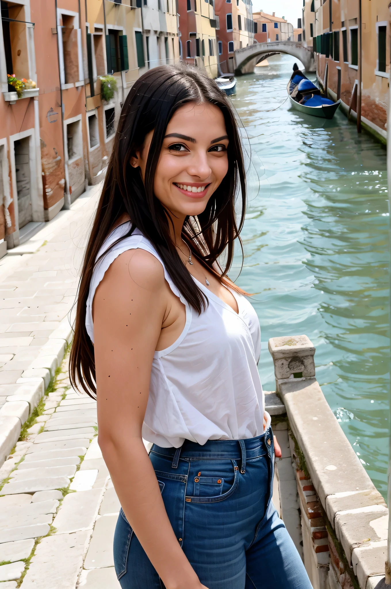 pic of a beautiful Italian woman in Venice, river, smiling, (black hair)