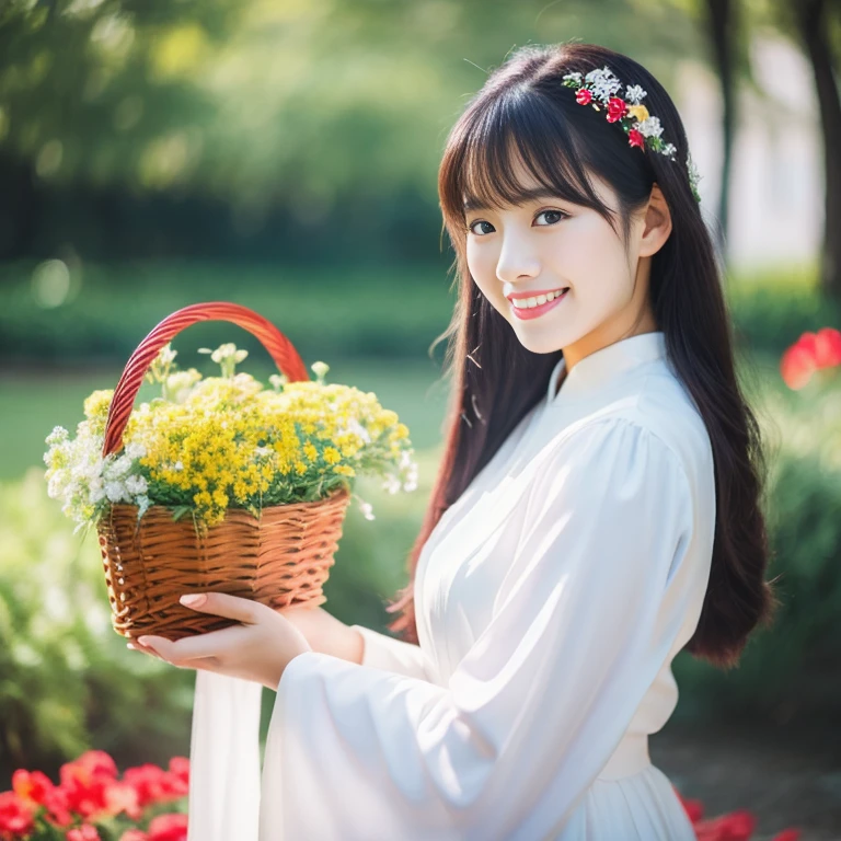 Ao Dai, smile, Shot with a Nikon Z7 II mirrorless camera.,120 mm.F/4 wide-angle shot with the most modern high quality Fuji camera 45,000,000 Chili Cell,) 8k,)
a woman in a pink dress with flower in it and a (basket of flower), Ding Yunpeng, Fuk Kuan, stock photos, art photography
a woman in a white dress holding a bouquet of flower, Byeon Sang-byeok, beautiful bright red dress.,) My hair is long and shiny., portrait photography, stock photos, 1girl art photography, Ao Dai, Photo Art, (flower:1.2), flowerสีแดงอยู่รอบๆท่ามกลางธรรมชาติ ,) Outdoors, evening sun, two glittering trees, Stunning photos with beautiful color saturation., Ultra high resolution,(realistic:1.4)),deep shadow,(best quality, Masterpiece), skin color, Blush, Highly detailed, destroy depth of field, Film texture, looking at the audience, knee, warm smile,
