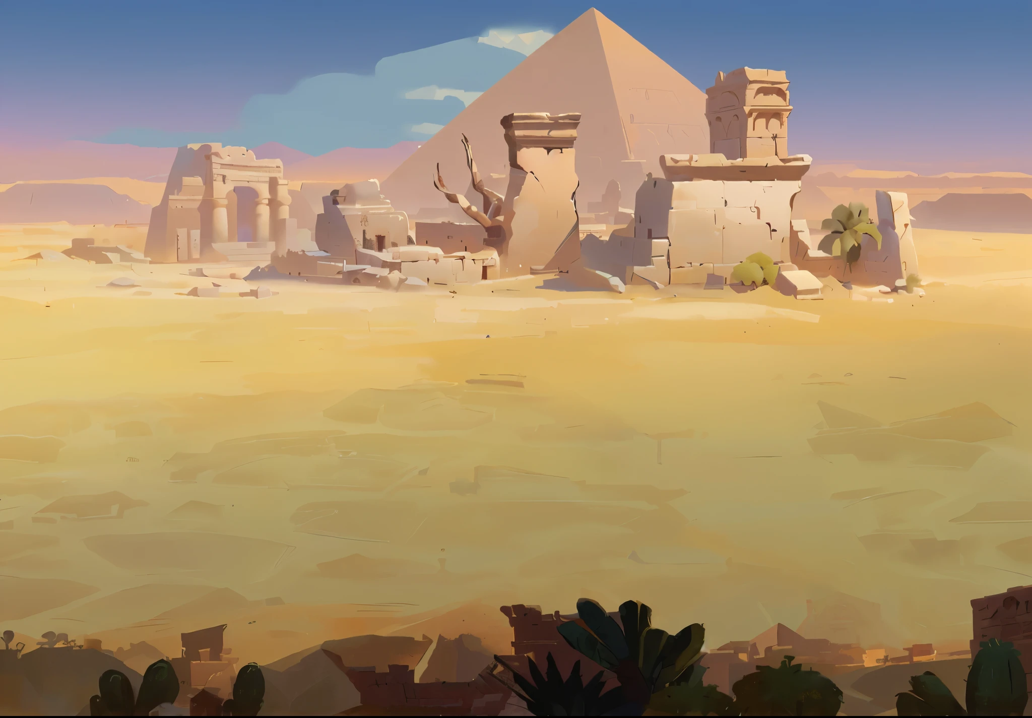 there is a desert scene with a desert and a pyramid, background art, ancient ruins background, background artwork, egyptian environment, mobile game background, desert oasis background, desert temple, desert background, desert environment, background is the ruins, painted as a game concept art, egyptian landscape, ancient ruins in the background, ancient epic tower in the desert, city ruins background