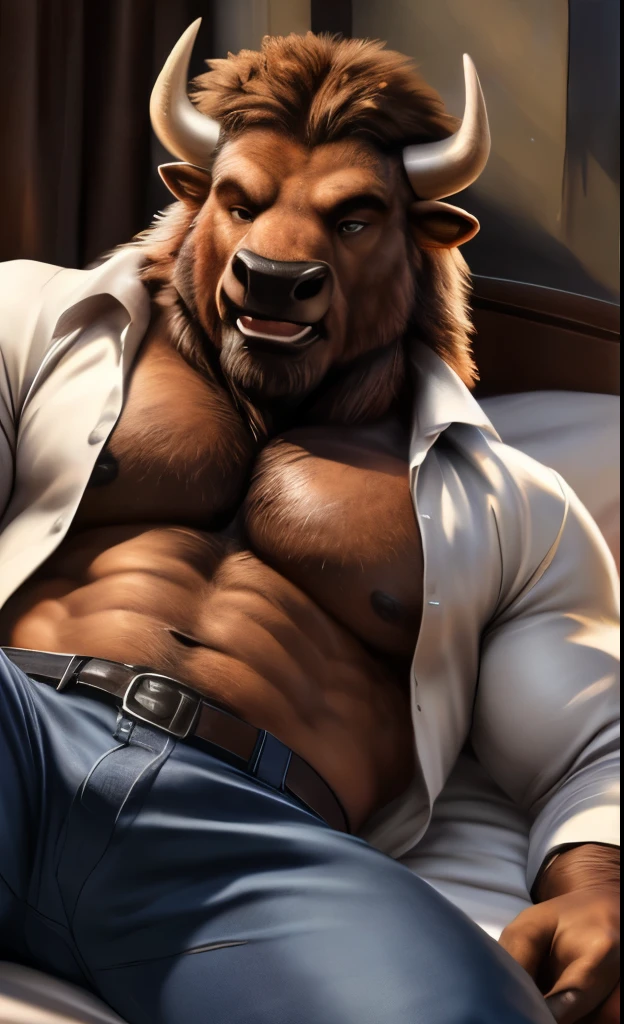 (((Bison))), (((open shirt))), ((blue jeans pants)), (((full body portrait))), showing pecs, showing chest, male, solo, adult, muscular abs, big pecs, nipples, older, detailed muscles, strong muscles, huge muscles, brown hair, (((lying down in bed))), (bedroom background), detailed face, smiling, muscular chest, muscular, (happy face), looking at viewer, bodybuilder body, hunk, beefy, night, body hair, hairy chest, by bruteandbrawn, by raccoon21, by personalami, by chunie, by kenket, (intricate, high detail, film photography, soft focus, RAW candid cinema, photorealism, realistic, photorealistic, analog style, subsurface scattering, masterpiece, best quality, ultra realistic, 8k)