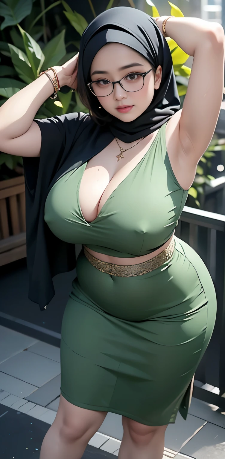 1 malay girl, modern plain hijab, shy, medium portrait, watery eyes, wearing dark green kebaya, ((big breasts)), black bokeh background, well-proportioned body,, chubby massive thighs, full body pose, wearing a necklace , wearing 10 bracelet , wearing a sneaker , glasses , wet armpits , show her armpits ,wet armpits , show her armpits , hairy armpits , wets armpits , sweaty armpit