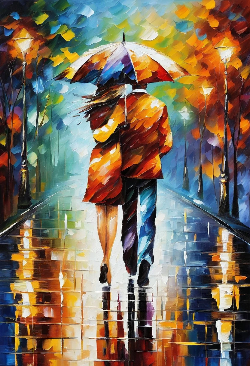 Oil painting of a couple walking in the rain with an umbrella, Afremov, , Afremov leonid, inspired 列昂尼德·Afremov, style of leonid Afremov”, style of leonid Afremov, 列昂尼德·Afremov, covered in oil painting, leonid Afremov and tim white, Painted with palette knife. quit, quit socket