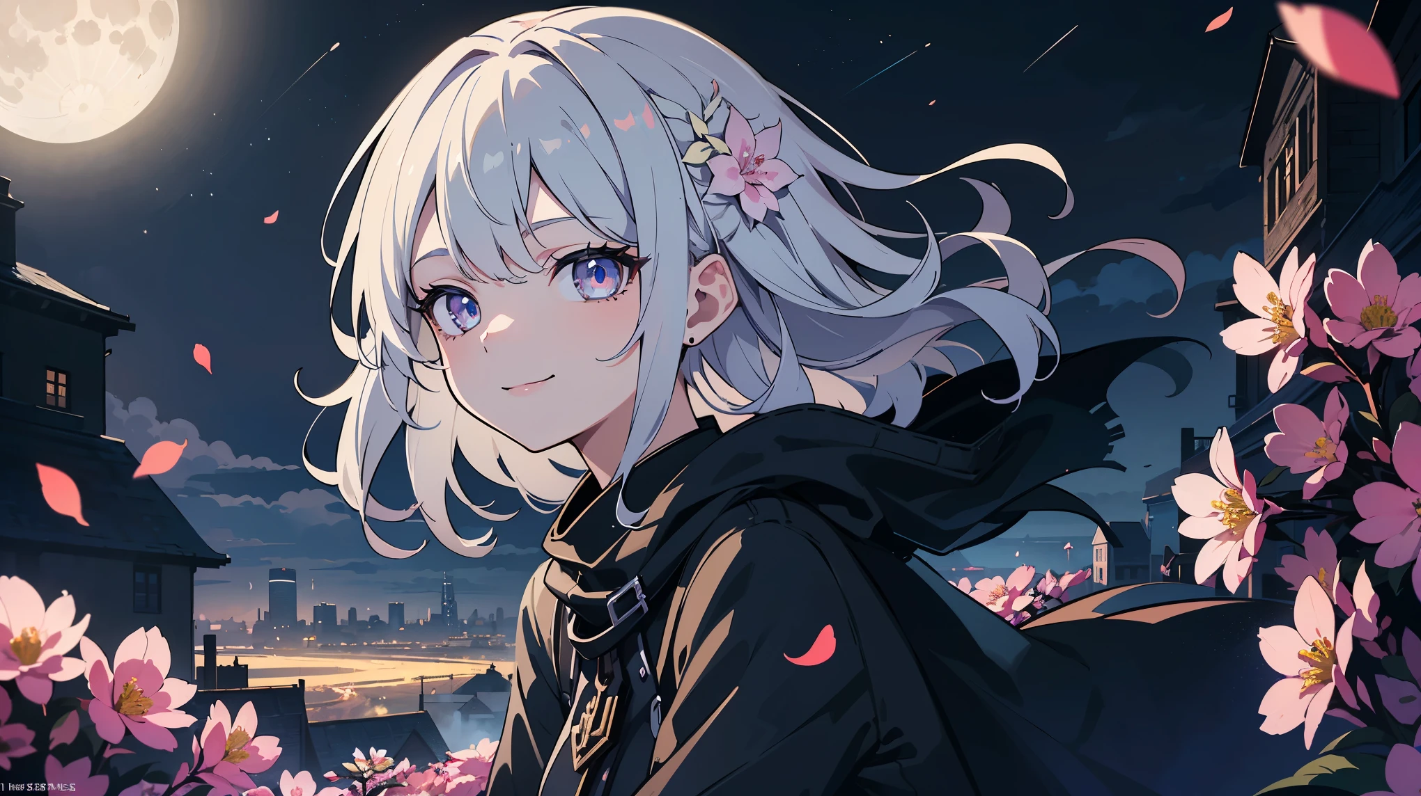 masterpiece, best quality,, 1girl, (colorful),(finely detailed beautiful eyes and detailed face),cinematic lighting,bust shot,extremely detailed CG unity 8k wallpaper,white hair,solo,smile,intricate skirt,((flying petal)),(Flowery meadow), sky, cloudy_sky, building, moonlight, moon, night, (dark theme:1.3), light, fantasy,
