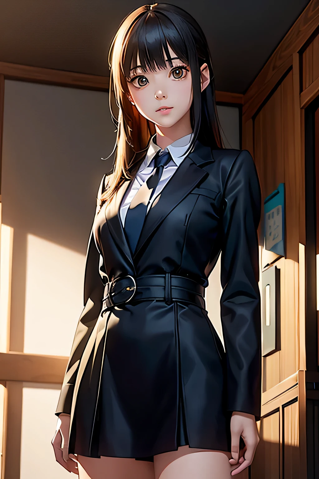 a junior high school student, female, beautiful and cute, solo character, (black single sidelock hair), bright eyes, gradient eyes, school unifrom, breeze blow,(anime style), (cinematic lighting), (ray tracing), ((reflection light)), ((half-body-shot)), atmospheric perspective, masterpiece, accurate, ((best quality)), high quality, super detail, high details, anatomically correct, highRes, 1080p,