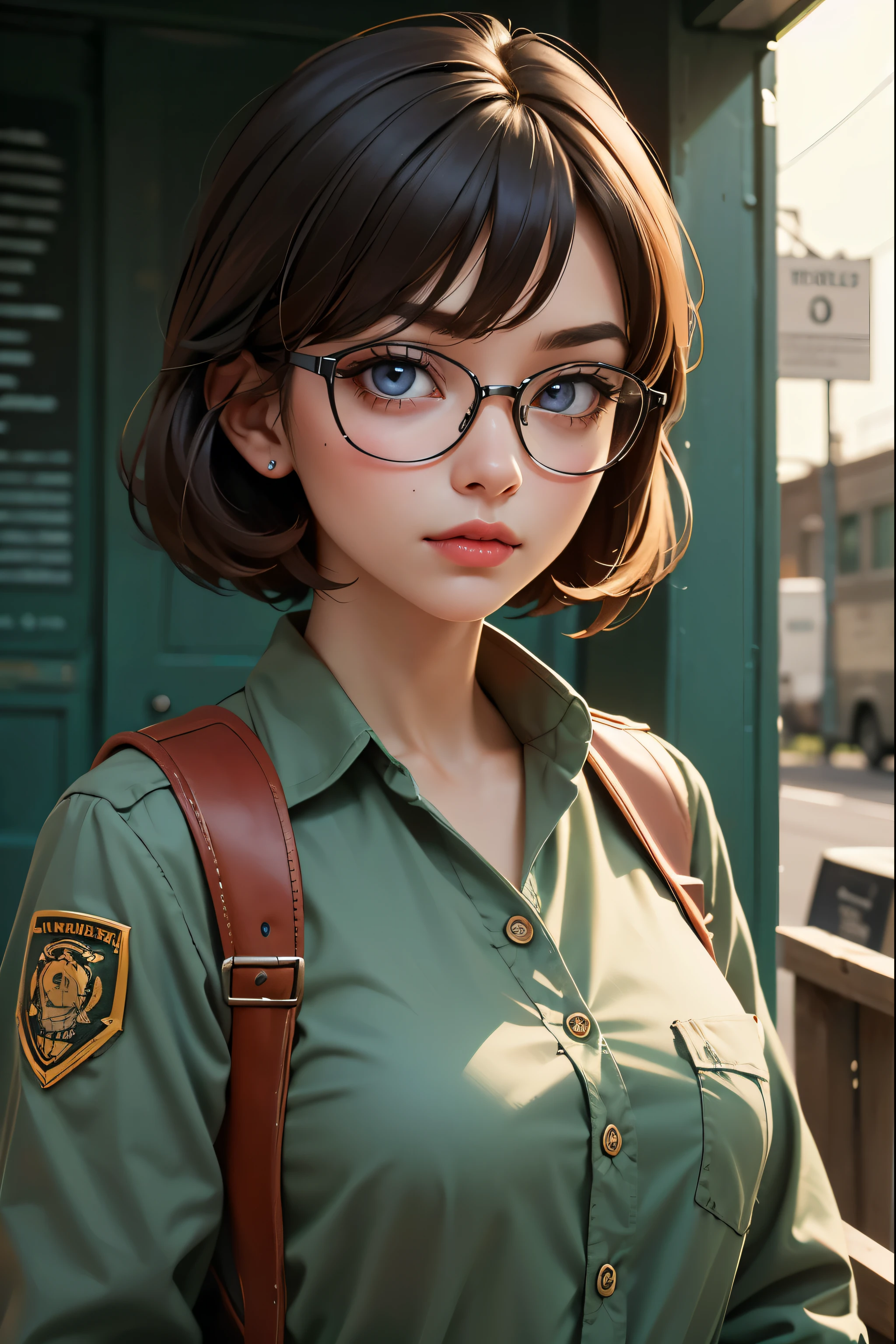 a pretty girl messenger, wearing large glasses, undercut hair, wearing postal uniform, in a post-apocalyptic world