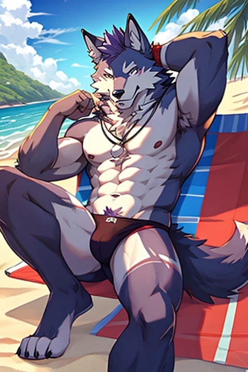 Male furry wolf character; wearing purple bra, panties and long striped stockings at the beach