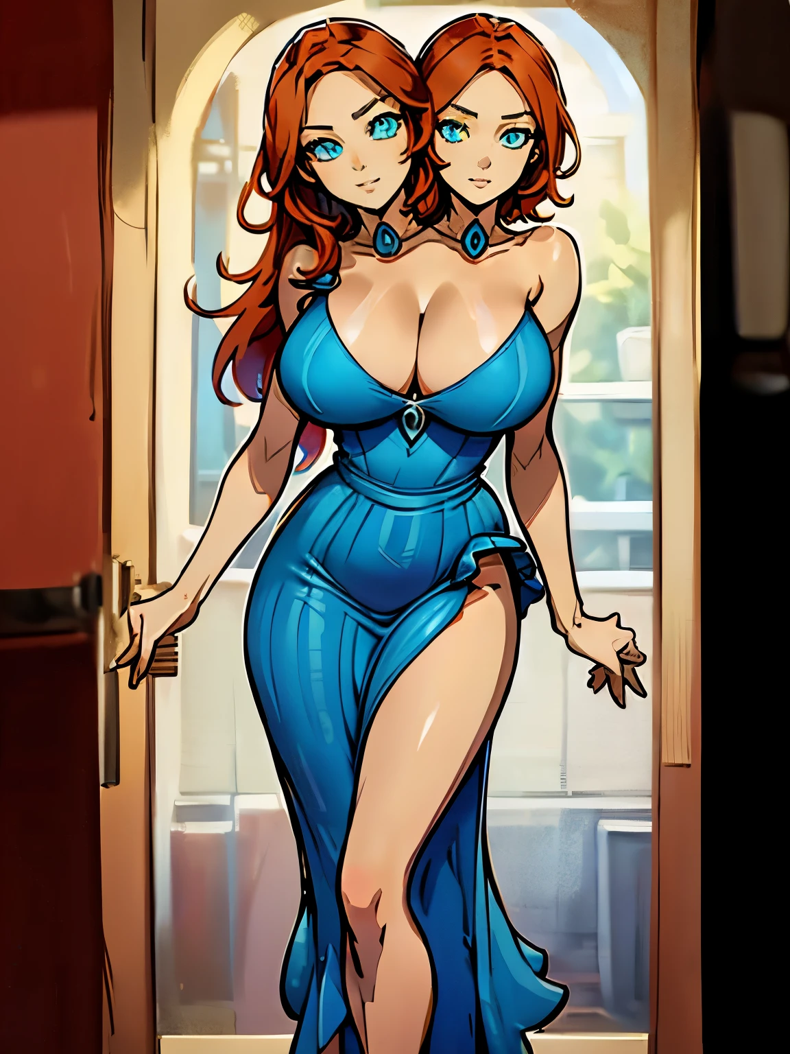 best quality, (masterpiece),(ultra-detailed), (high quality), (high resolution), ((2heads:1.5)), best quality:1.5, highres, UHD, 16K), two headed woman, smiling, highres, masterpiece, ((red hair)),, ((different hair color)),cleavage, ((blue dress:1.5)), lustrous and smooth skin, huge breasts, (mature woman), (black eyes), (queen), seductive silhouette, ((slim hips)), casual dress, sexy proportions, Beautiful girl with accentuated slender abs, long legs, seductive woman, ((very detailed eyes:1.5))