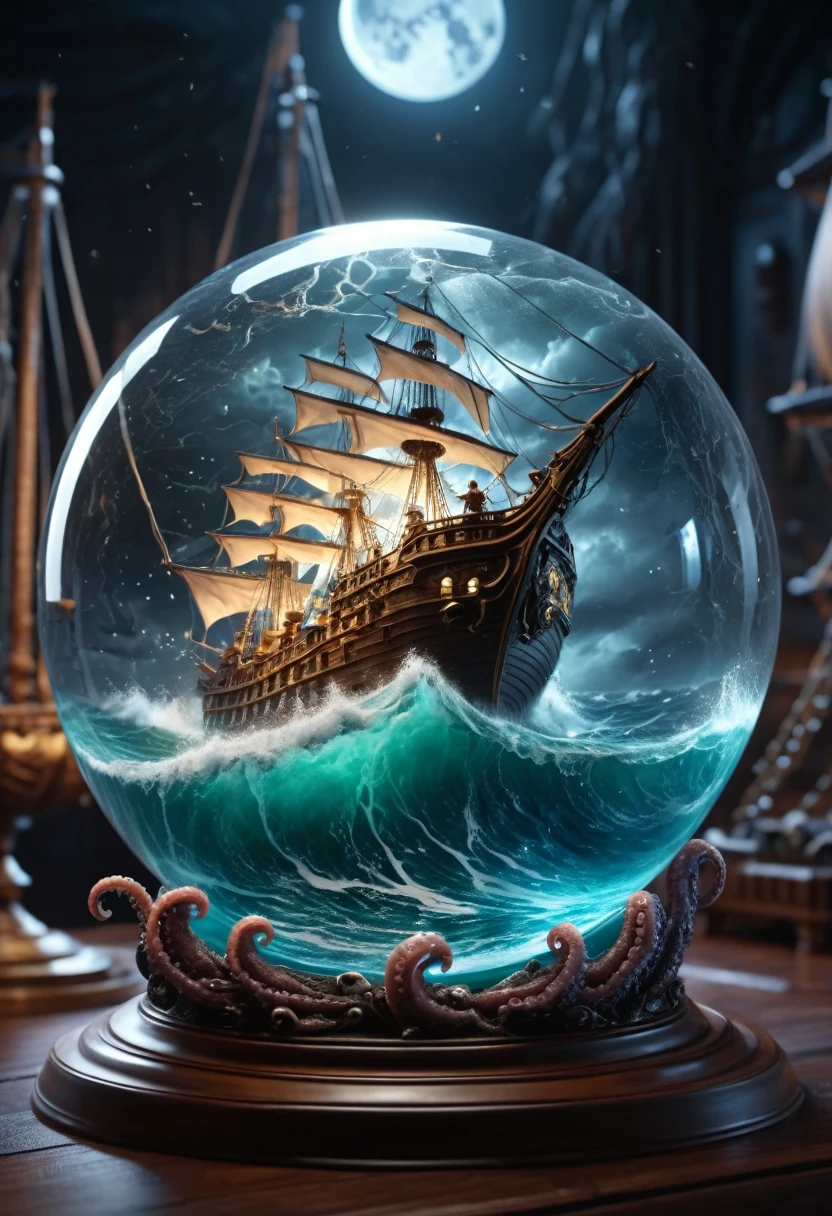 A glass sphere sculpture, concealed inside the sphere is a large Pirate Ship in a Lightning storm, large waves, in the dark, (giant squid tentacles:1.5) attacking pulling the ship down, detailed image, 8k high quality detailed, the moon, cinematic, tilt shift lens effect, cinematic color grading, shaped sphere, amazing wallpaper, digital painting highly detailed, 8k UHD detailed oil painting, beautiful art UHD, focus on full glass sphere, bokeh, background Modifiers: extremely detailed Award winning photography, fantasy studio lighting, photorealistic very attractive beautiful imperial colours ultra detailed 3D, (Very Intricate), depth of field, bokeh