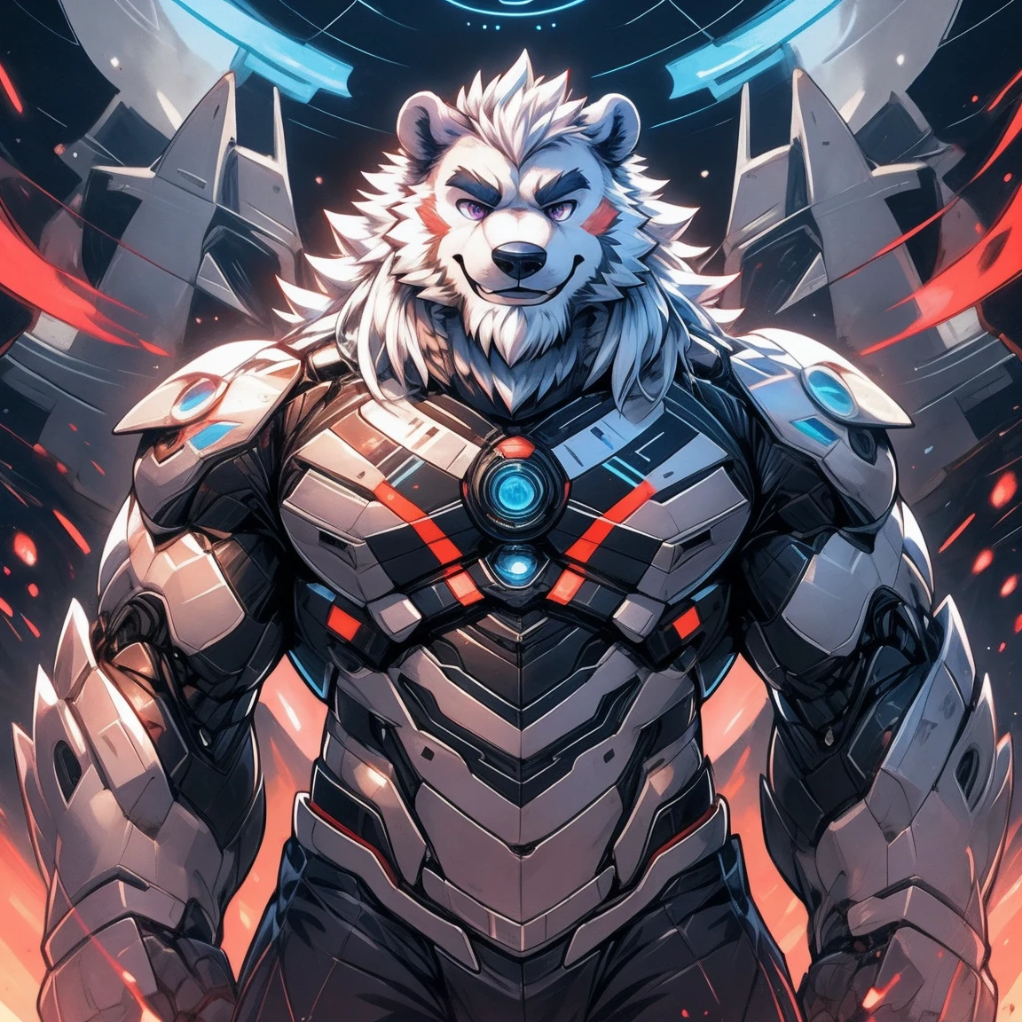 (split theme),masterpiece,whole body，best quality,Polar Bear_beast(Fluffy fur,Fluffy,hairy) ,(Mecha:1.3),（Cyberpunk Background），(Chiaroscuro:1.2),The left one has black hair and purple eyes,On the right is white hair and golden eyes,male,(White fur:1.2), Front view, cannon, male, solitary, ((Round Face, Very plump face, thick beard)), ((endomorph body type, Handsome))，high quality, (high quality, high resolution, masterpiece), (Dynamic Lighting, Vibrant colors), (Generous smile), cartoon, author：Takemoto Arashi, by zixiong, author：Chunni, author：Empty Ghost