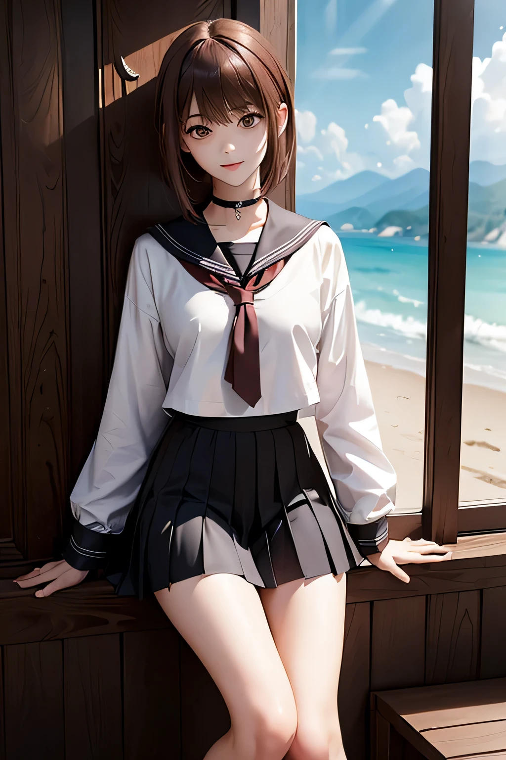 (masterpiece: 1.3),(best quality:1.4),ultra high resolution,(detailed eyes),(detailed facial features),(detailed clothing features),HDR,8k resolution, ground focus, bangs, tight skin, (glowing skin ),(slender girl),dreamlike, (extremely detailed illustration),check comments,ask for comments,scenery,no text, VirtualGirl-Rin, happy, smile, (small breasts), bangs, bob hair, short hair, brown hair, brown eyes, black choker, 1girl, student, high school, white , sailor suit, dark red pleated skirt, socks, sneakers,