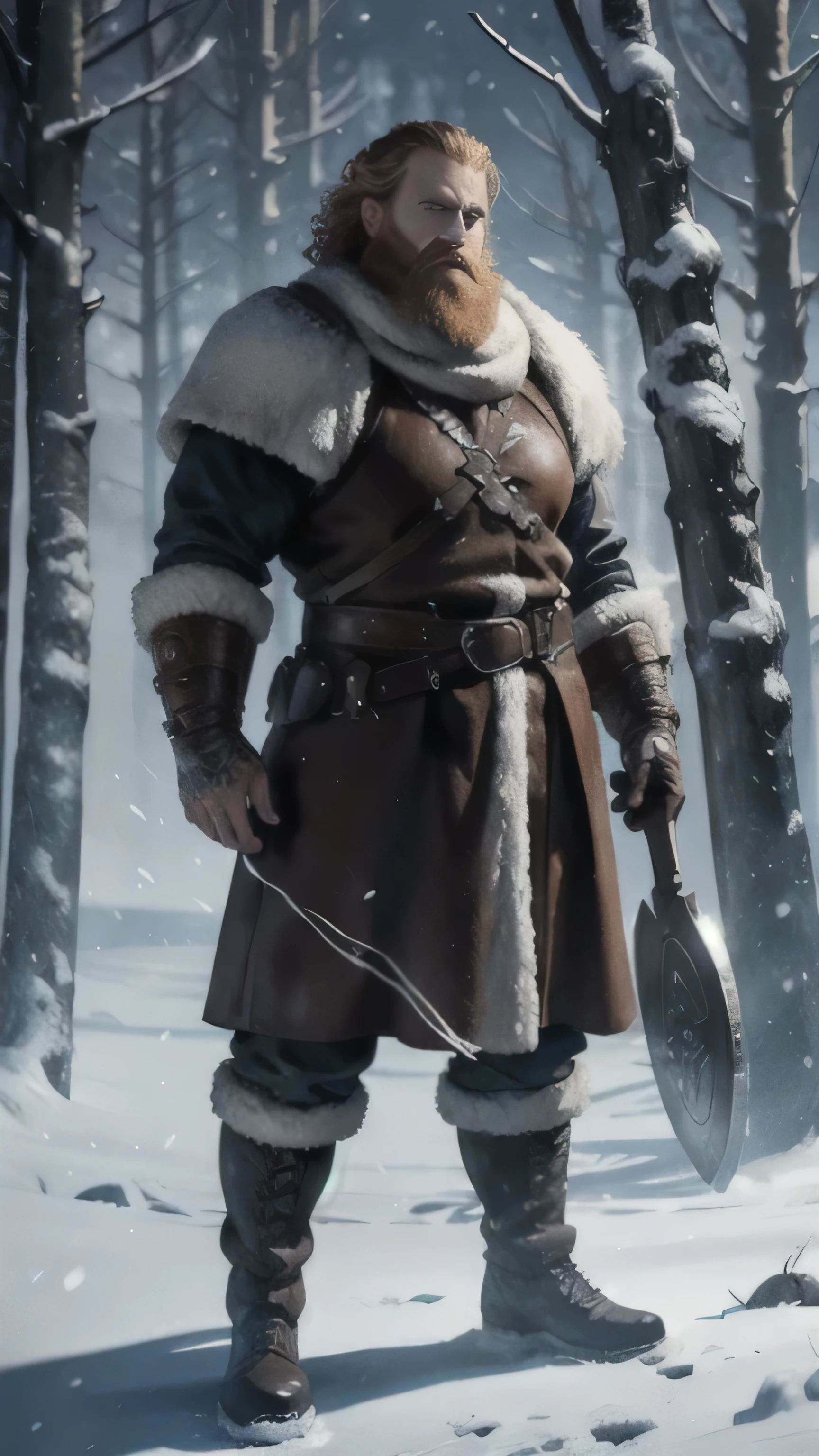 frostpunk, Kristofer Hivju as Tormund Giantsbane, fur suit, big ax, leather boots, standing, in the winter forest, snow, (1man), (solo), (full body view), beautiful detailed glow, detailed, cinematic light, intricate detail, realistic, highres, detailed facial features, high detail, sharp focus, smooth, aesthetic, extremely detailed, stamp, octane render