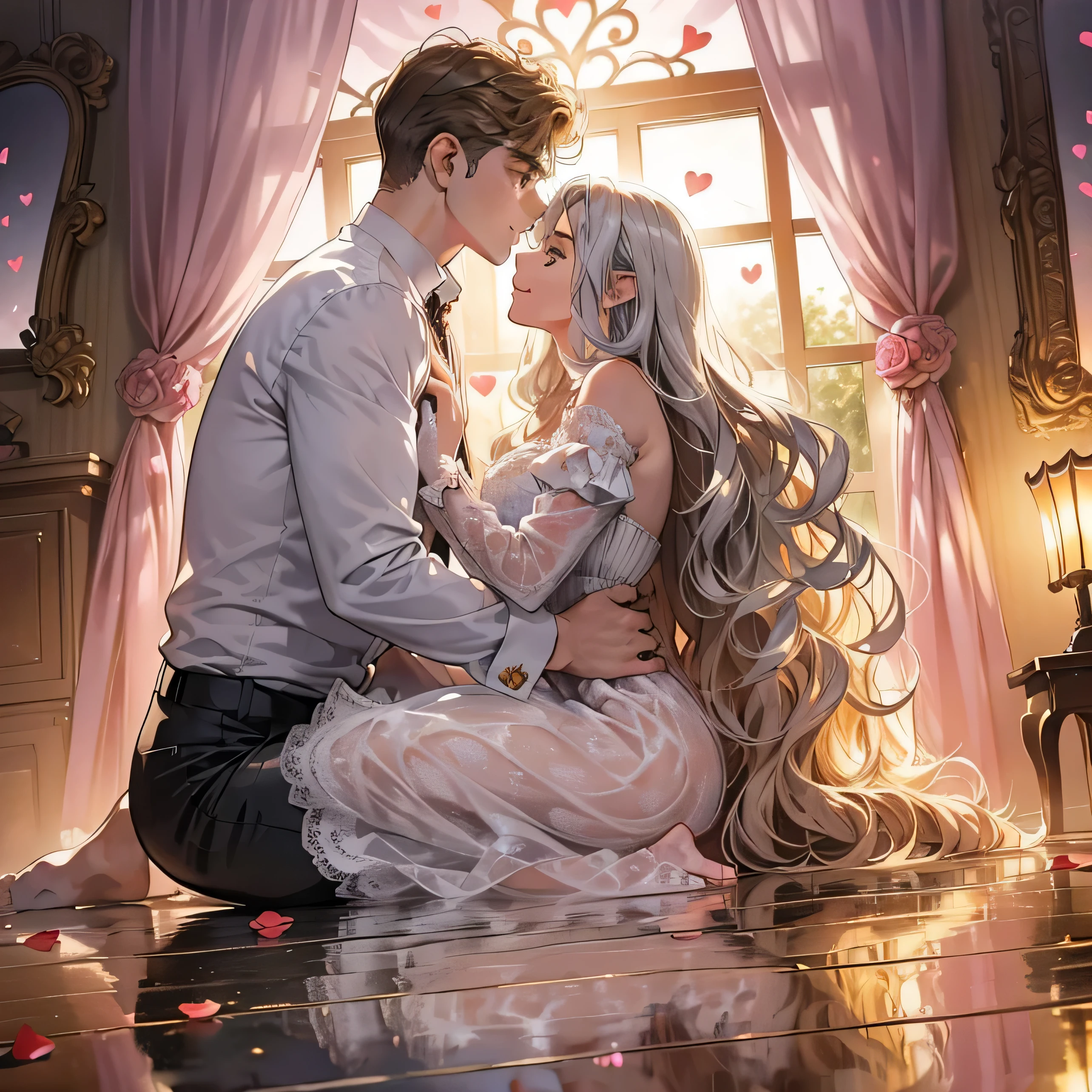 (Ultra-detailed, Romantic atmosphere, Detailed reflection, intricate architectural elements, Shimmering surface: 1.4), Mirror house, Couples in love, (High resolution, best quality, natural lighting), (Passionate: 1.4), Intimate scene, Kissing, Reflections of their faces, laughter, candlelit room, hands intertwined, soft focus, (Striking poses, 1 man with dark hair, 1 woman with long, curly chestnut locks, 1 man with blond hair, 1 woman with wavy silver strands), (Heart shaped mirrors, detailed heart engravings, rose petals on the floor