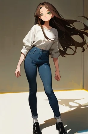 • a female student, 
-description: 
  >Long brown hair, 
  >green eyes, 
  >1.50 cm tall, 
  >15 years old, 
-wearing: 
  >white shirt, 
  >blue jeans,
  >black shoes and white socks.
-image background: 
  >school building, 
  >in the background,