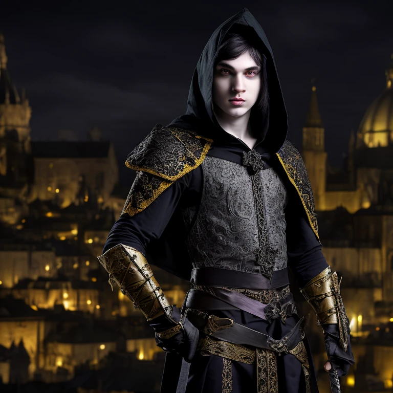 medieval style, male elf with pale white skin color, black hair and eyes, wearing a dark purple and black tunic with thin yellow trims, also wearing a black hood, holding a dagger with a black blade with gold details, medieval city at night in the background
