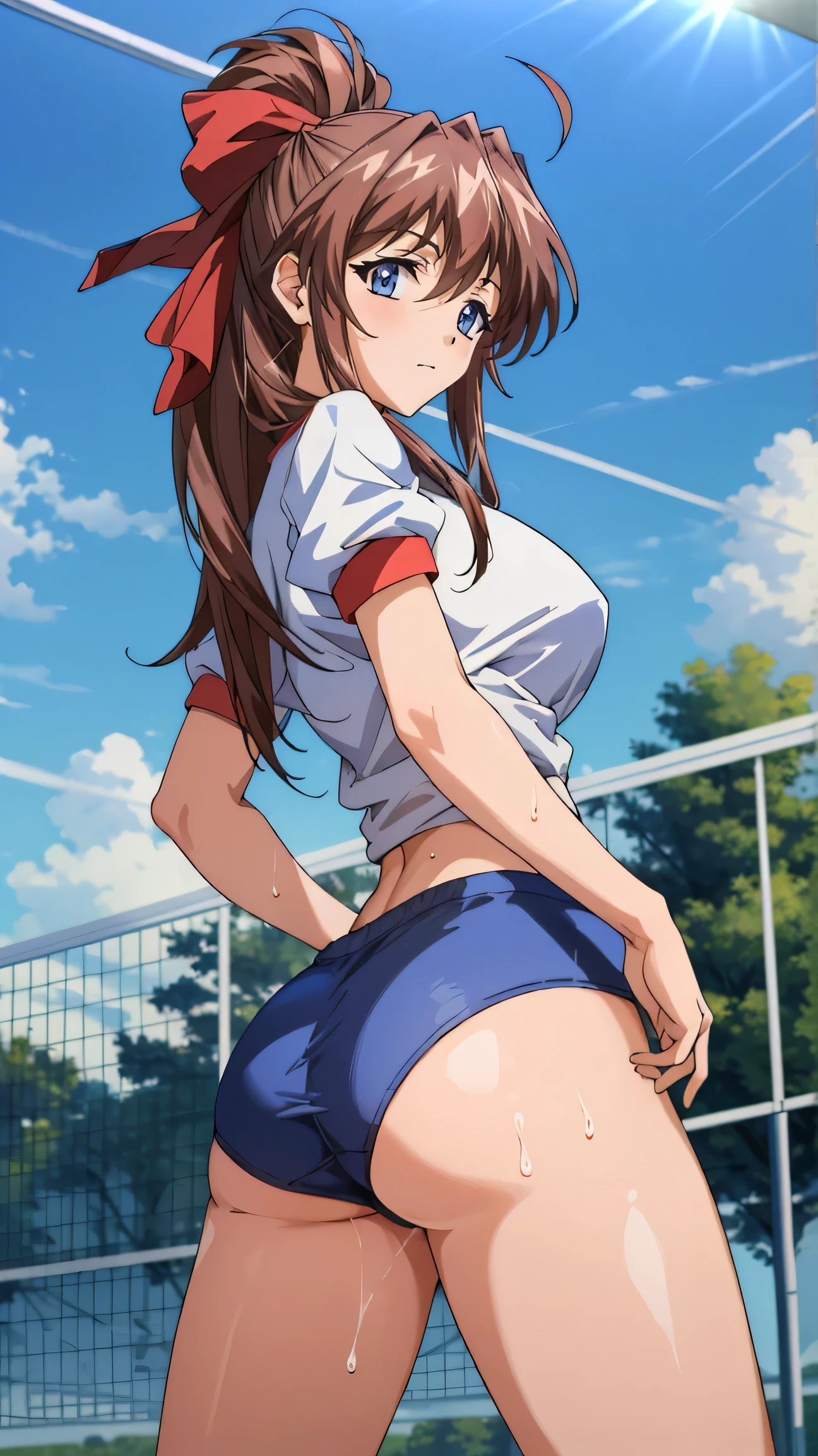 masterpiece, super high quality, Very detailed, Perfect drawing, alone, girl, Volleyball Club, Volleyball Wear, Bloomers, Run Volleyball Shoes, Rear View, Round and cute buttocks, Butt sticking out pose, Puffy bust top, blush, Sweat, Sunburned skin: (1.5), Overflowing with smiles, 18-year-old, blue sky, Cumulonimbus, Shining Sun, Gym, Volleyball court, receive, receive, Photographed from diagonally in front, (Full body sweat)See-through