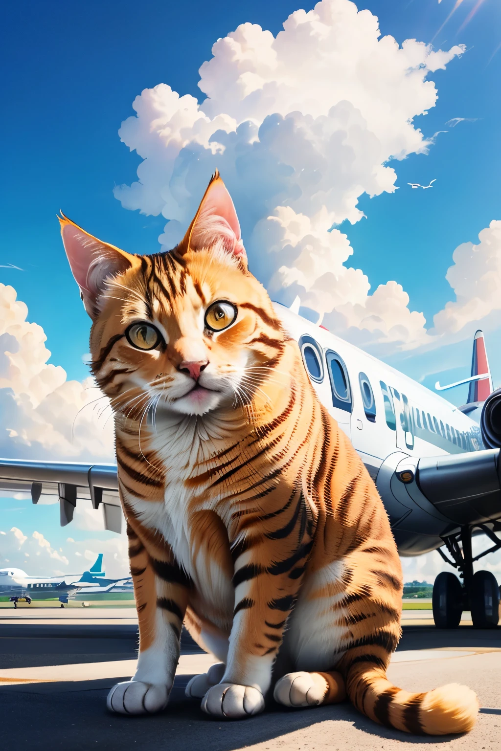 vibrant, commercial airplane parked on a runway under a clear blue sky, orange tabby cat in front of the camera, few fluffy white clouds in the sky