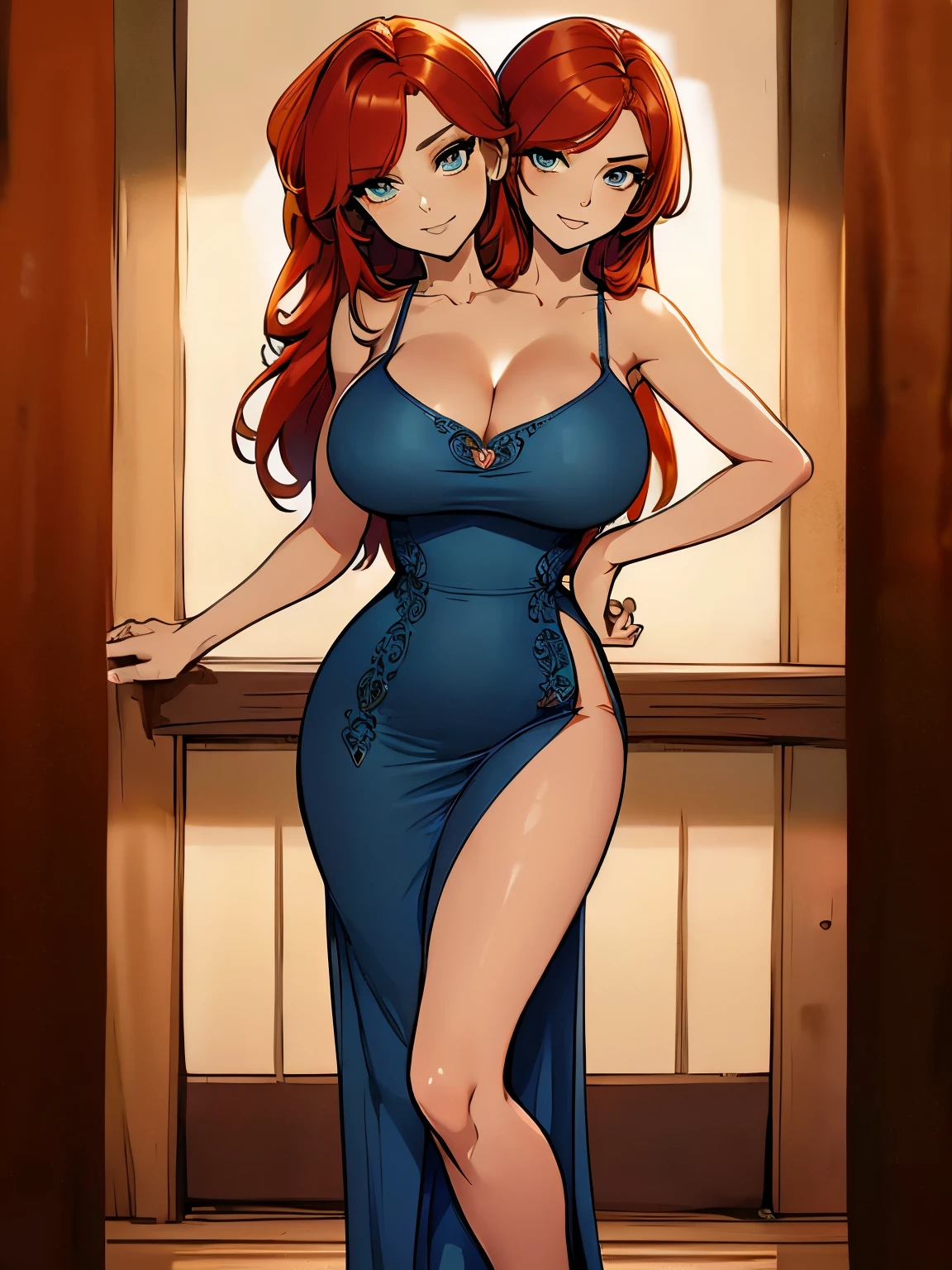 best quality, (masterpiece),(ultra-detailed), (high quality), (high resolution), ((2heads:1.5)), best quality:1.5, highres, UHD, 16K), two headed woman, smiling, highres, masterpiece, ((red hair)),, ((different hair color)),cleavage, ((blue dress:1.5)), lustrous and smooth skin, huge breasts, (mature woman), (black eyes), (queen), seductive silhouette, ((slim hips)), casual dress, sexy proportions, Beautiful girl with accentuated slender abs, long legs, seductive woman, ((very detailed eyes:1.5))