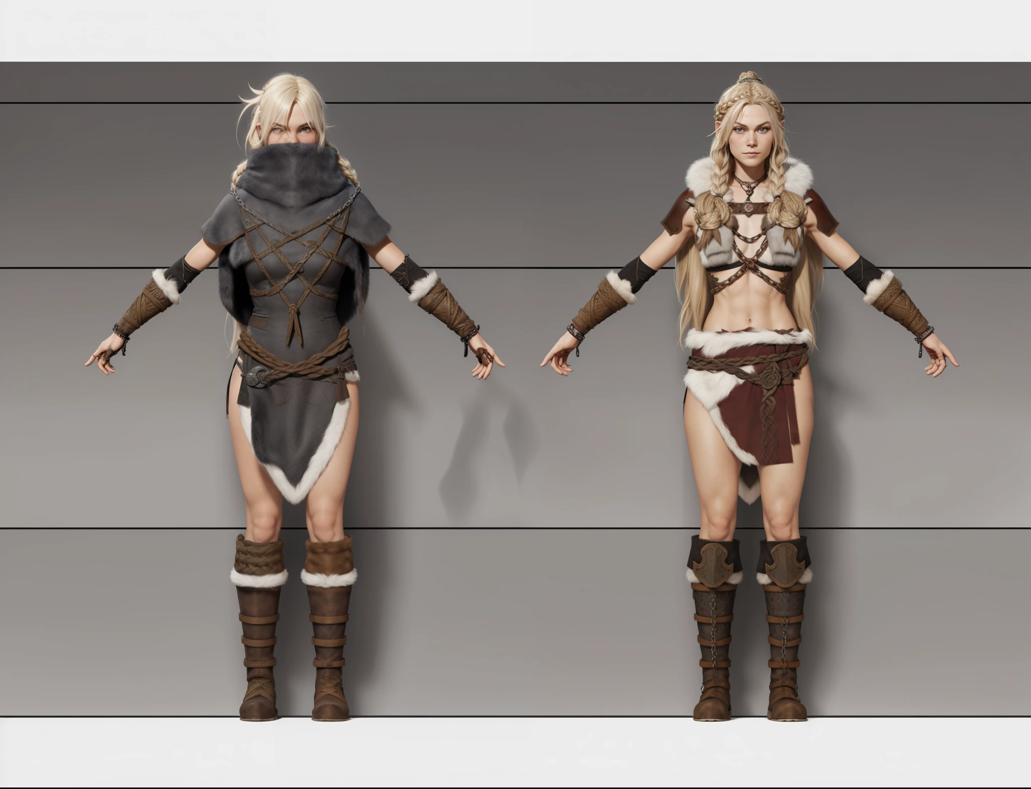 ( Realistic:1.33),(masterpiece:1.1),(highest quality:1.1),(HDR:1) a close up of a Viking woman warrior wearing armor and fur coat , full body concept, detailed full body concept, Young Viking female with a long braid, Viking style, age Viking protective maiden, Portrait of a Viking, Viking warrior, Viking culture, Nordic warrior, Viking costume, Ancient Viking warrior, Elven blond warrior, Epic Viking Queen , wearing Viking clothing, Female Viking, with Machado, Nordic inspiration, Viking and Templar aesthetics, full body character concept,costume concept design, full body details, detailed full body concept art, full character body, character model sheet turnaround, fullbody shot turnaround, concept character sheet, full body concept art, reference model sheet , full body concept art, RPG style character, game character design, 3d character reference sheet, video game character concept, detailed character design, character sheet, character model sheet turnaround , front and back, front and back, grey clean background, 3D character, leather belt with leather knife bag, red loincloths, leather armband, leather boots with fur, leather bikini with black fur coat, red hem with fur. [ show skin breand ], [ show abdomen ] no cloth at abdomen. breast skian skin, human skin, human breast skin, humn.(viking warrior), ((barbarian)),(((wide chest)),(((metal emblem Nordic knot on chest with chain))), ((detail metal emblem on front chest))