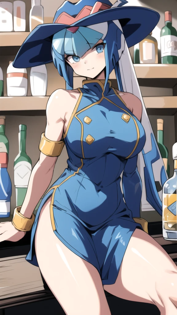 leviathan_megamanz, 1 girl, looking at viewer, sitting on a stool, leaning on a bottle of tequila in her hand, cowboy dress, cowboy hat, watch on right arm, Coastal band member clothing