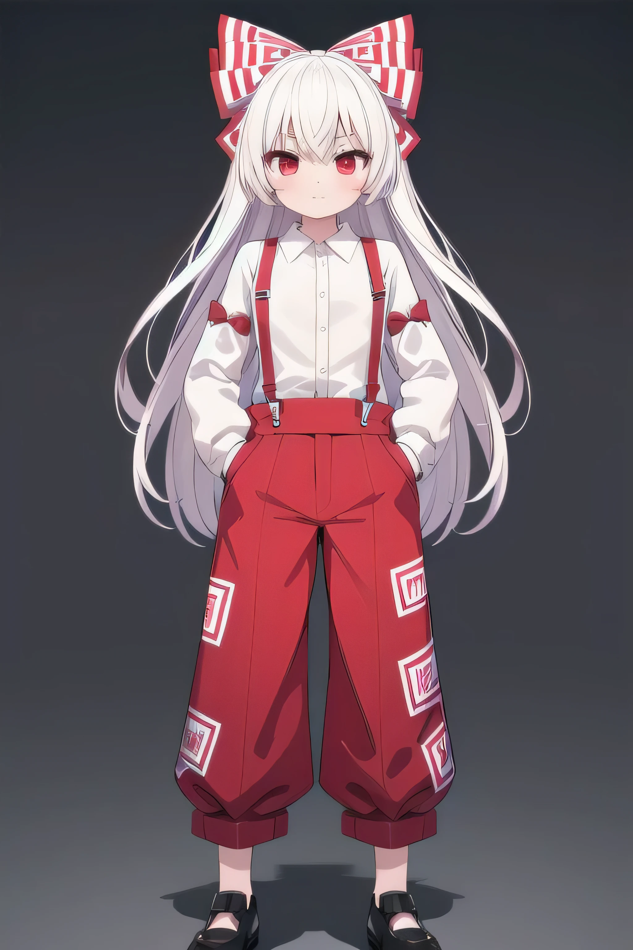 masterpiece, top quality, super detailed, CG illustration, high resolution, better lighting, best shadows, very delicate and beautiful, proper shading, hd, 8k,fujiwara no mokou, 1girl, solo, long hair, shirt, red eyes, bow, ribbon, full body, hair ribbon, white hair, hair bow, pants, parody, suspenders, black background, hands in pockets, style parody, multiple hair bows, alphes (style)