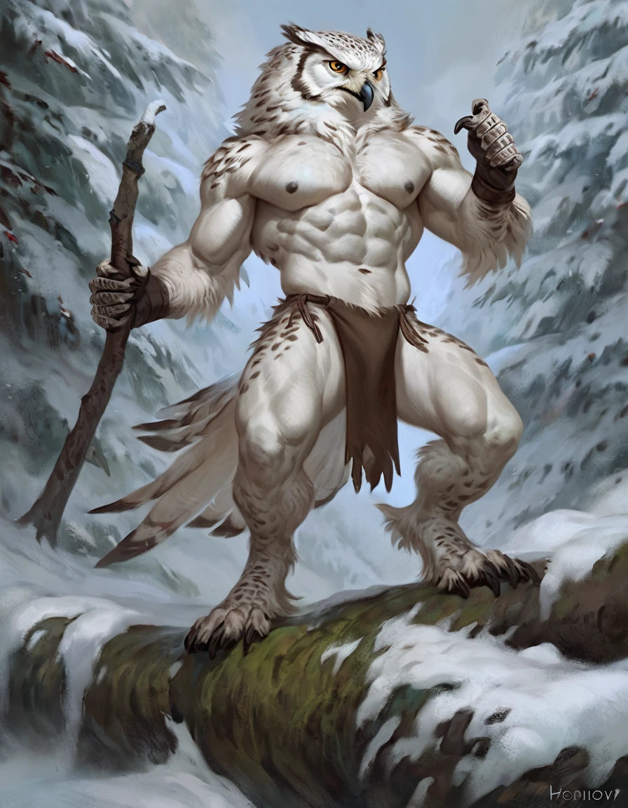 Snowy owl, comic book style, illustration, solo, ferocious, male, [[masculine pose]], loincloth, masterpiece, best art, full body, by laobai, by taran fiddler, by honovy, detailed eyes, detailed body, claws, masculine body shape, tall, topless, pecs, abs, nipples,  in boreal forest