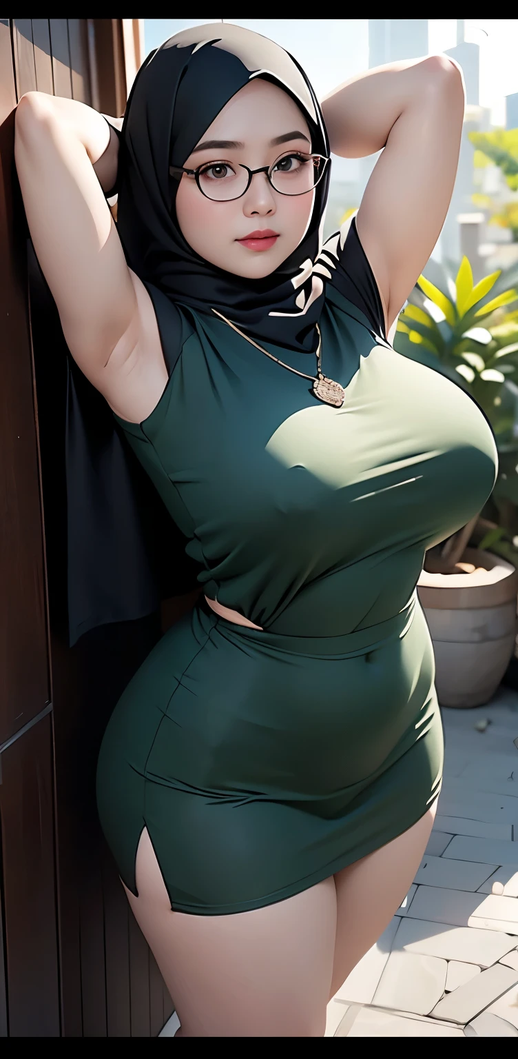 1 malay girl, modern plain hijab, shy, medium portrait, watery eyes, wearing dark green kebaya, ((big breasts)), black bokeh background, well-proportioned body,, chubby massive thighs, full body pose, wearing a necklace , wearing 10 bracelet , wearing a sneaker , glasses , wet armpits , show her armpits , hairy armpits , sweaty armpit