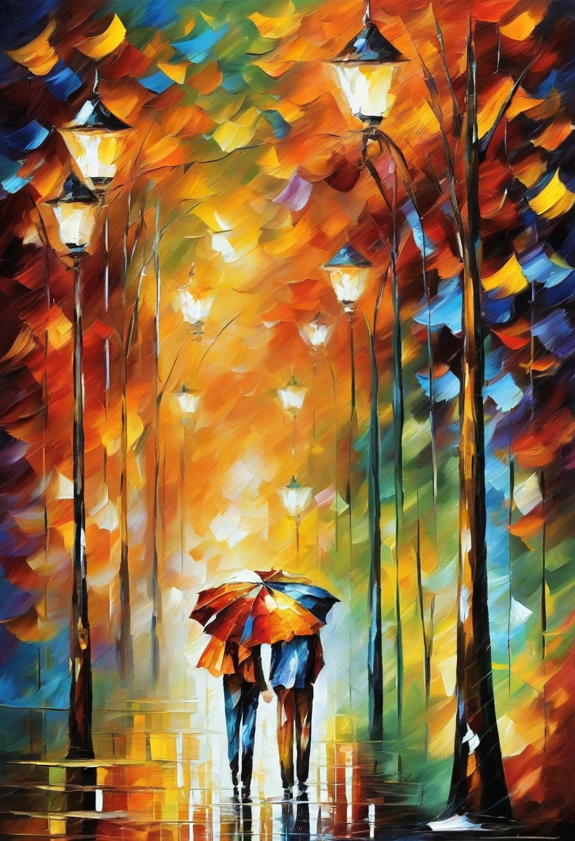 Oil painting of a couple walking in the rain with an umbrella, Afremov, , Afremov leonid, inspired 列昂尼德·Afremov, style of leonid Afremov”, style of leonid Afremov, 列昂尼德·Afremov, covered in oil painting, leonid Afremov and tim white, Painted with palette knife. quit, quit socket