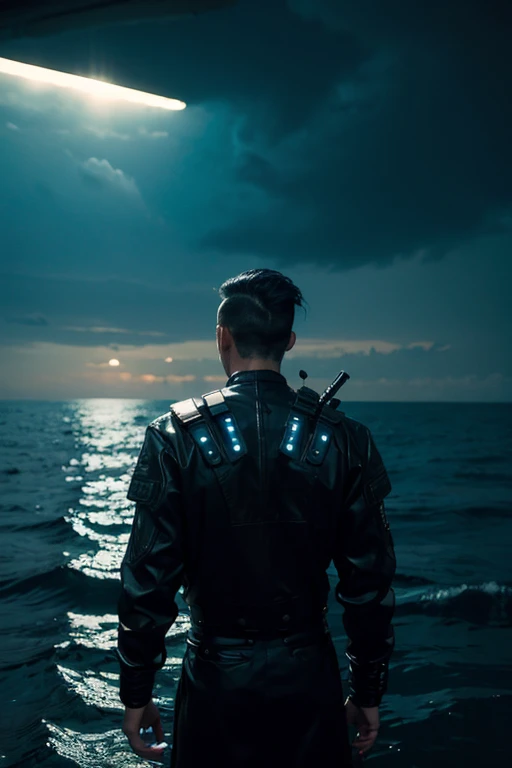 The back of a cyberpunk man in the sea