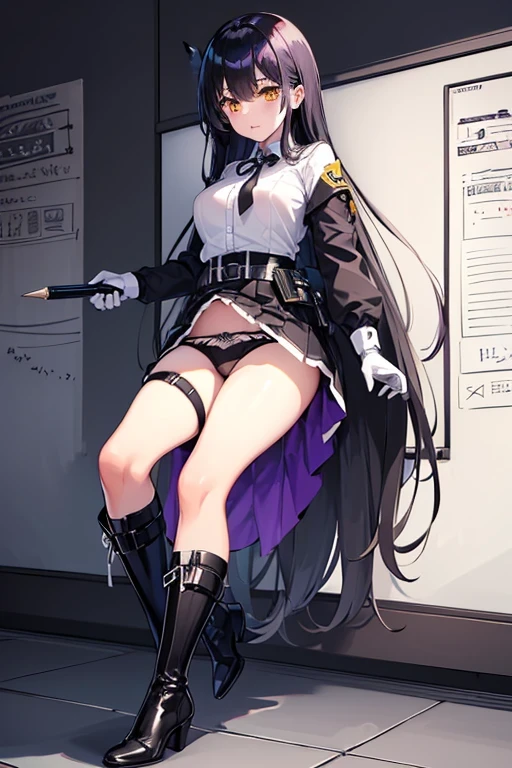 high quality、２０generation((whole body、woman、Yellow Eyes、Black and white long hair、Short shirt with a hem、Black gloves、Belt with holster、stomach、I have a pen、A long black skirt that shows off your legs、Skirt flip、Purple ribbon、White underwear、Panties in full view、Clothes are not taken off、Erotic、Black Military Boots)) background((Whiteboard)) Written boundary depth、Visual Arts、high resolution、beautiful