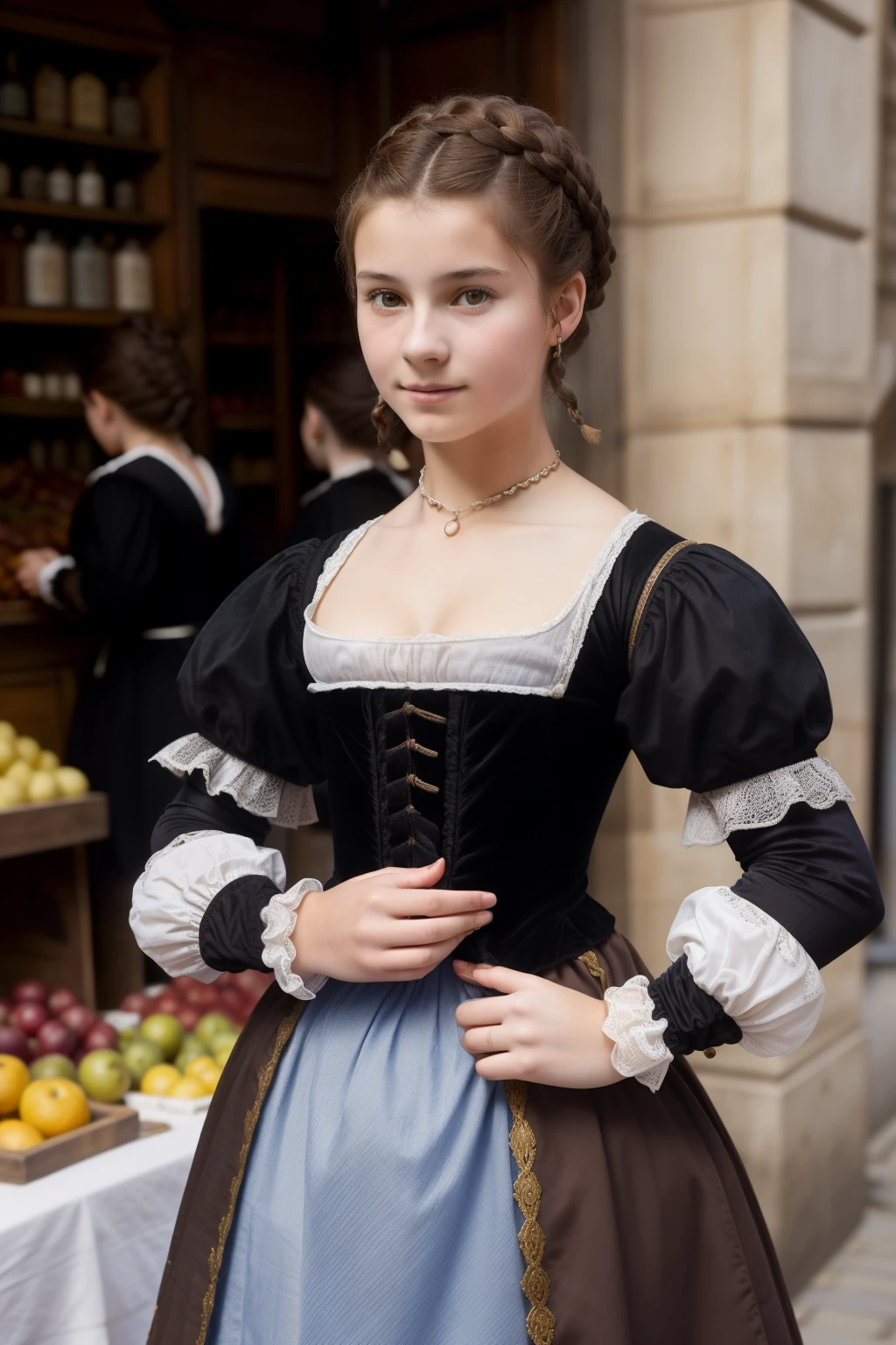 Paris, 1558. A young ((((17-year-old)) Sylvie Palot)), courageous, resilient, determined, in a street market, ((((simple clothings from the 1550s)))), ((hairstyle of the 1550s)), colorful
